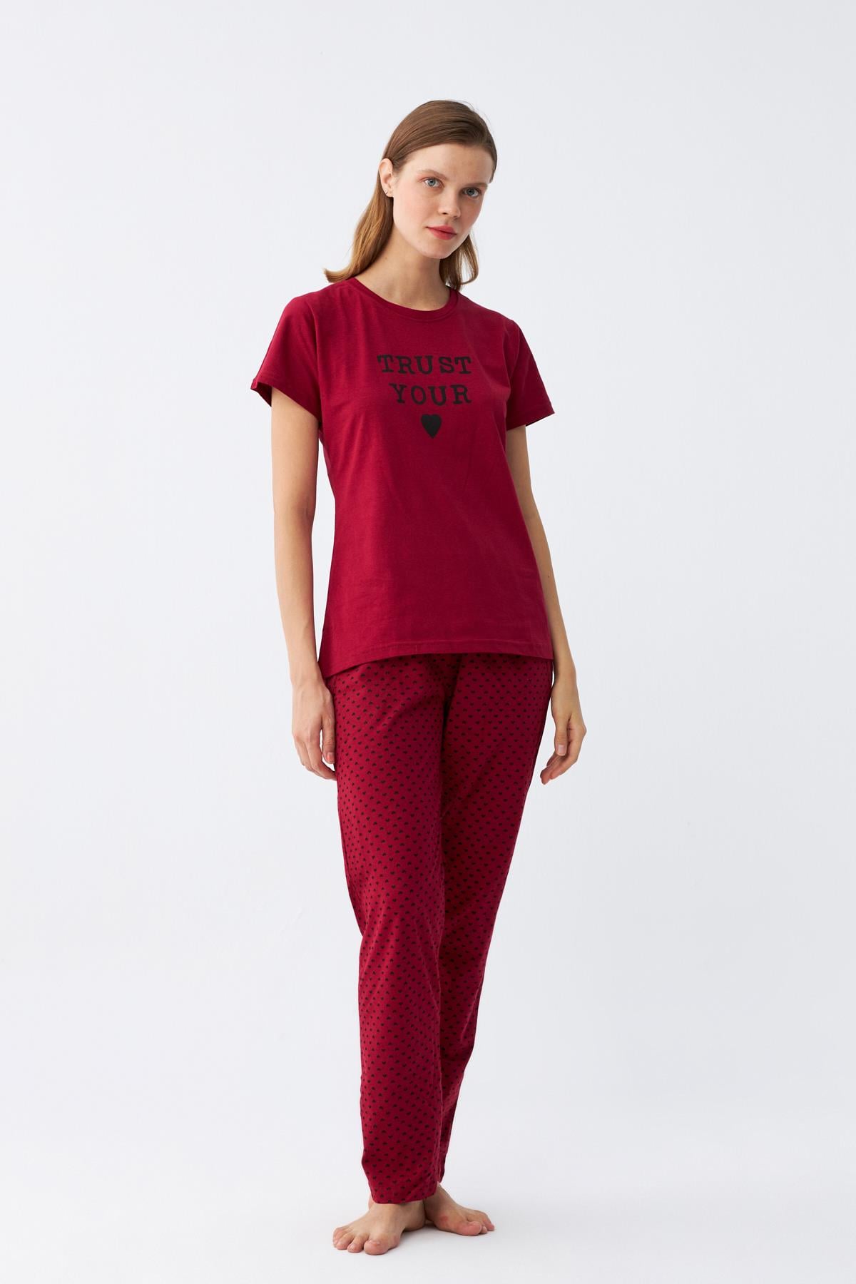 Akbeniz Kadın Bordo Kalp Desenli Kısa Kollu Penye Pijama Takımı