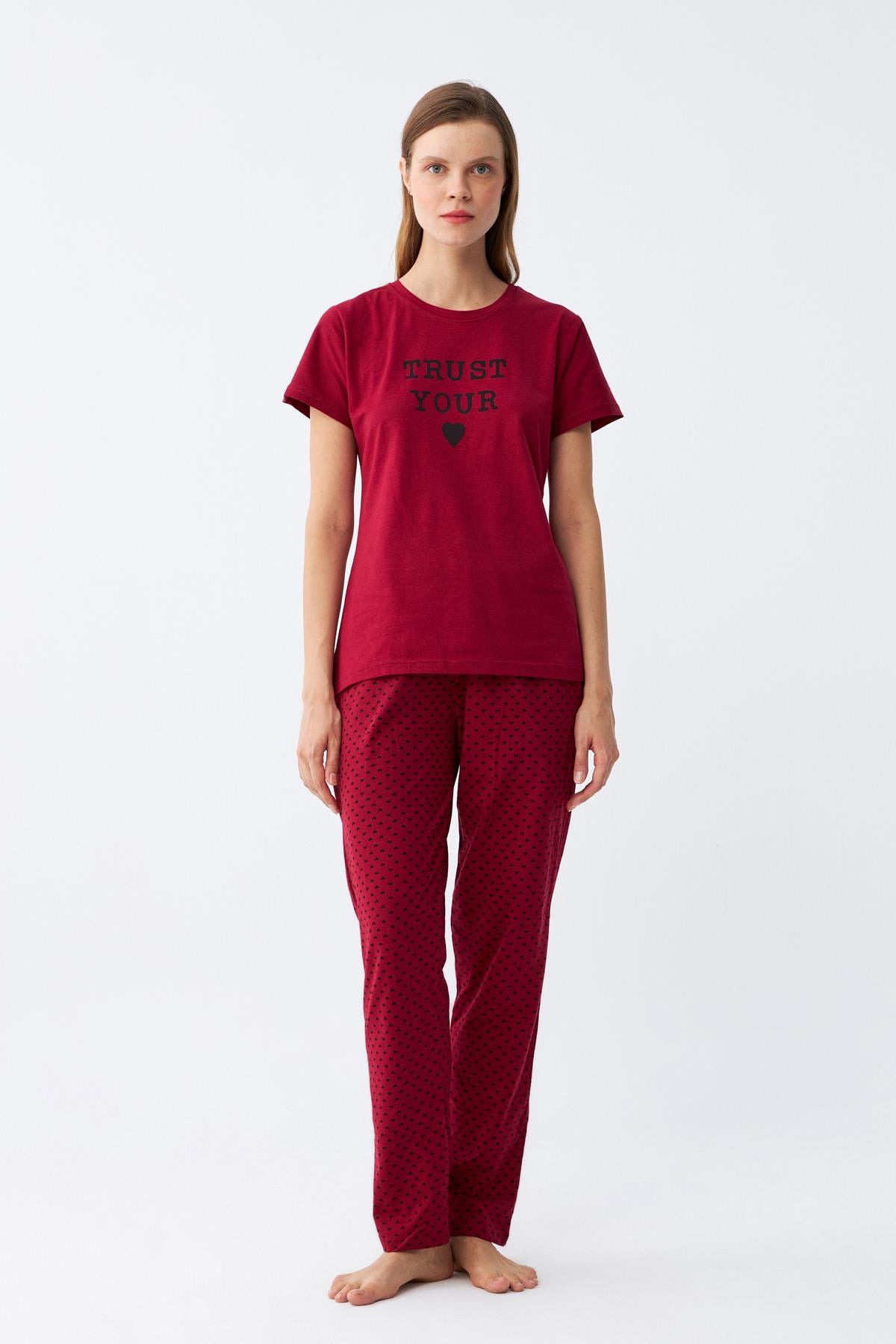 Akbeniz Kadın Bordo Kalp Desenli Kısa Kollu Penye Pijama Takımı