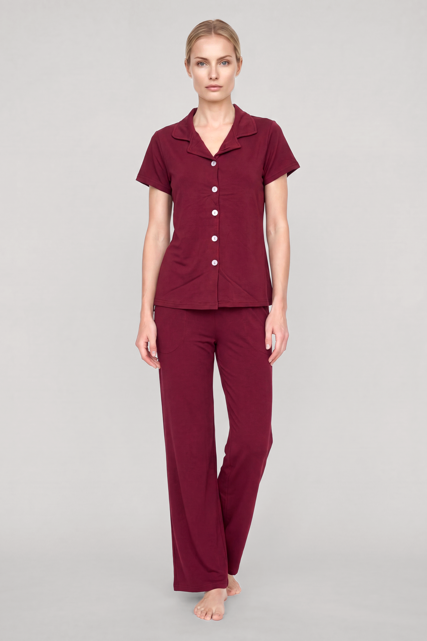 Akbeniz Kadın Bordo Klasik Gömlek Yaka Pijama Takımı