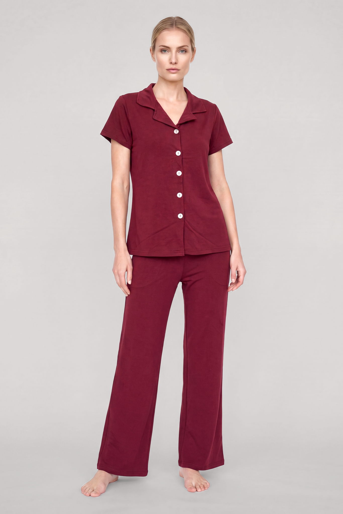 Akbeniz Kadın Bordo Klasik Gömlek Yaka Pijama Takımı