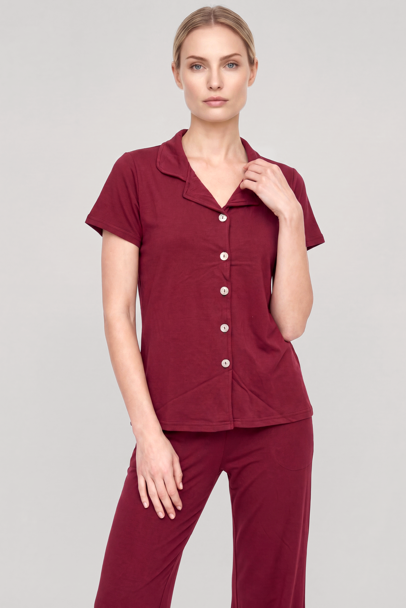 Akbeniz Kadın Bordo Klasik Gömlek Yaka Pijama Takımı