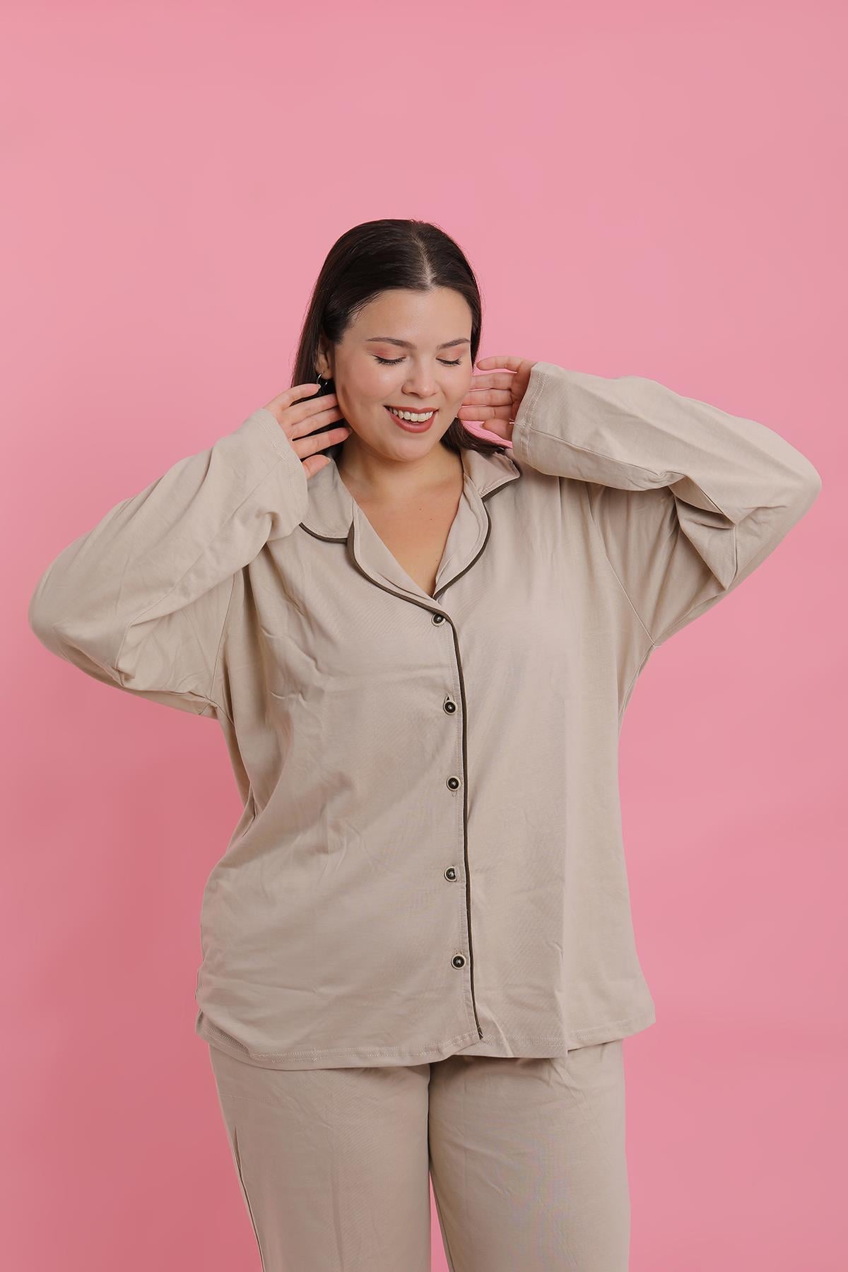 Akbeniz Kadın Büyük Beden Bej Düğmeli Pijama Takımı