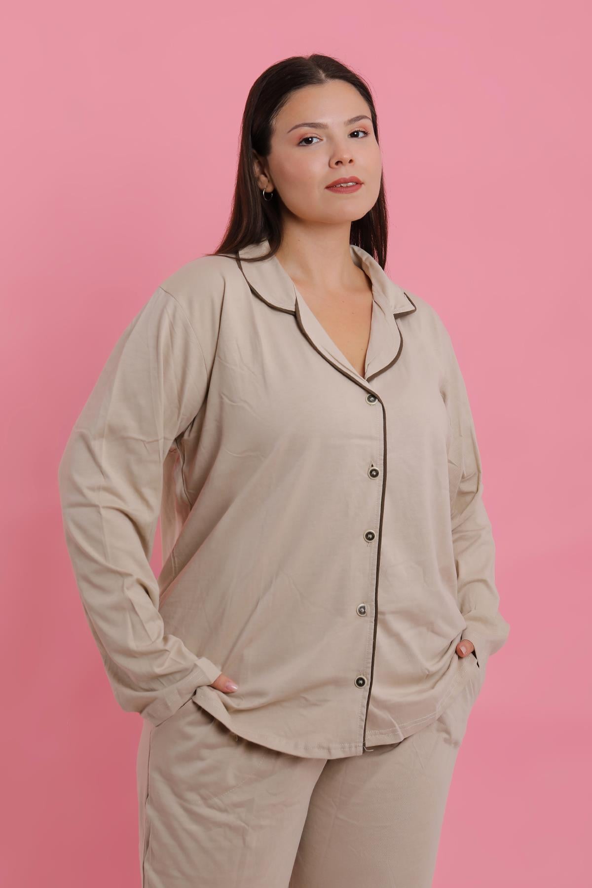 Akbeniz Kadın Büyük Beden Bej Düğmeli Pijama Takımı