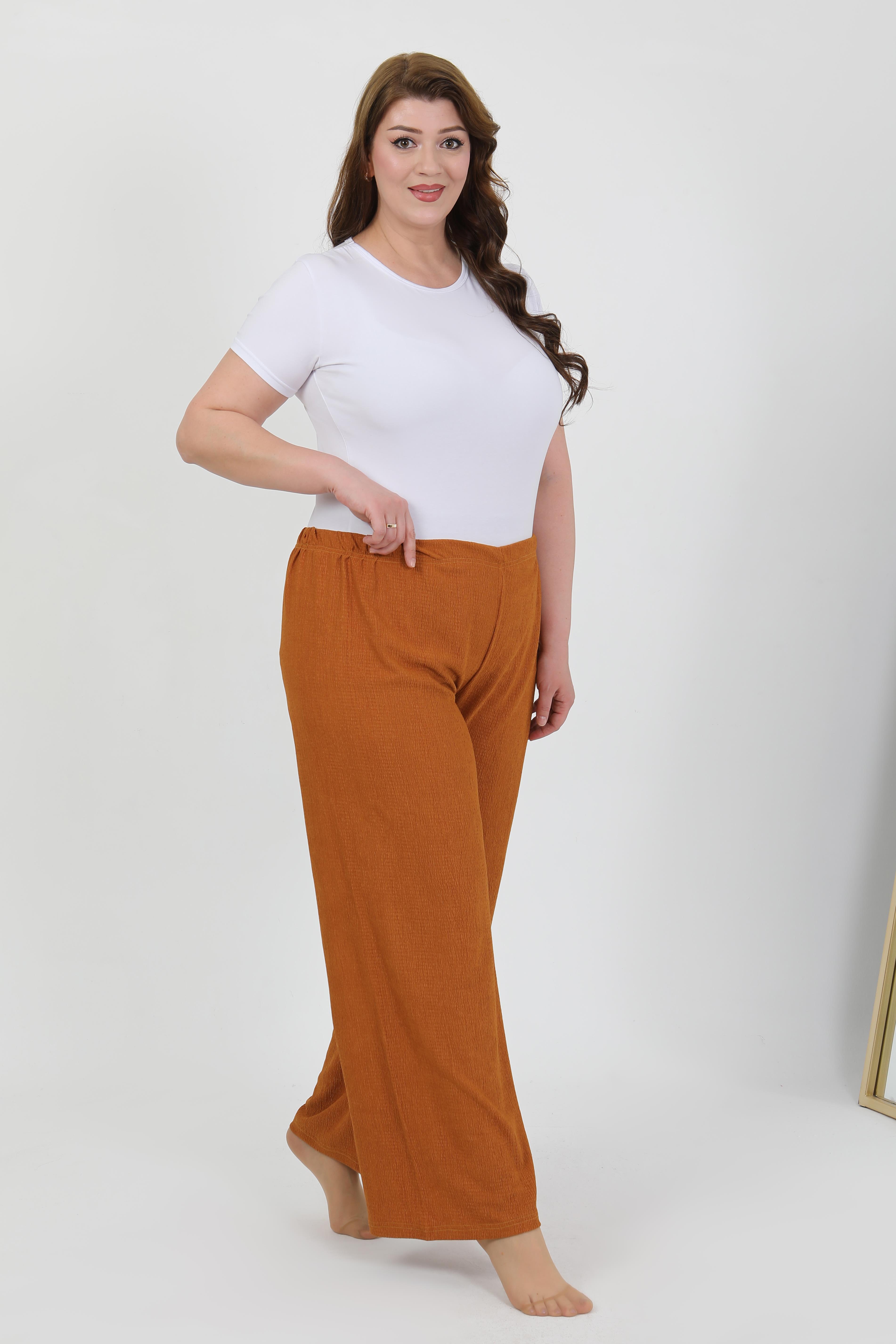 Akbeniz Kadın Büyük Beden Bürümcük Pantolon 210076 Kremit