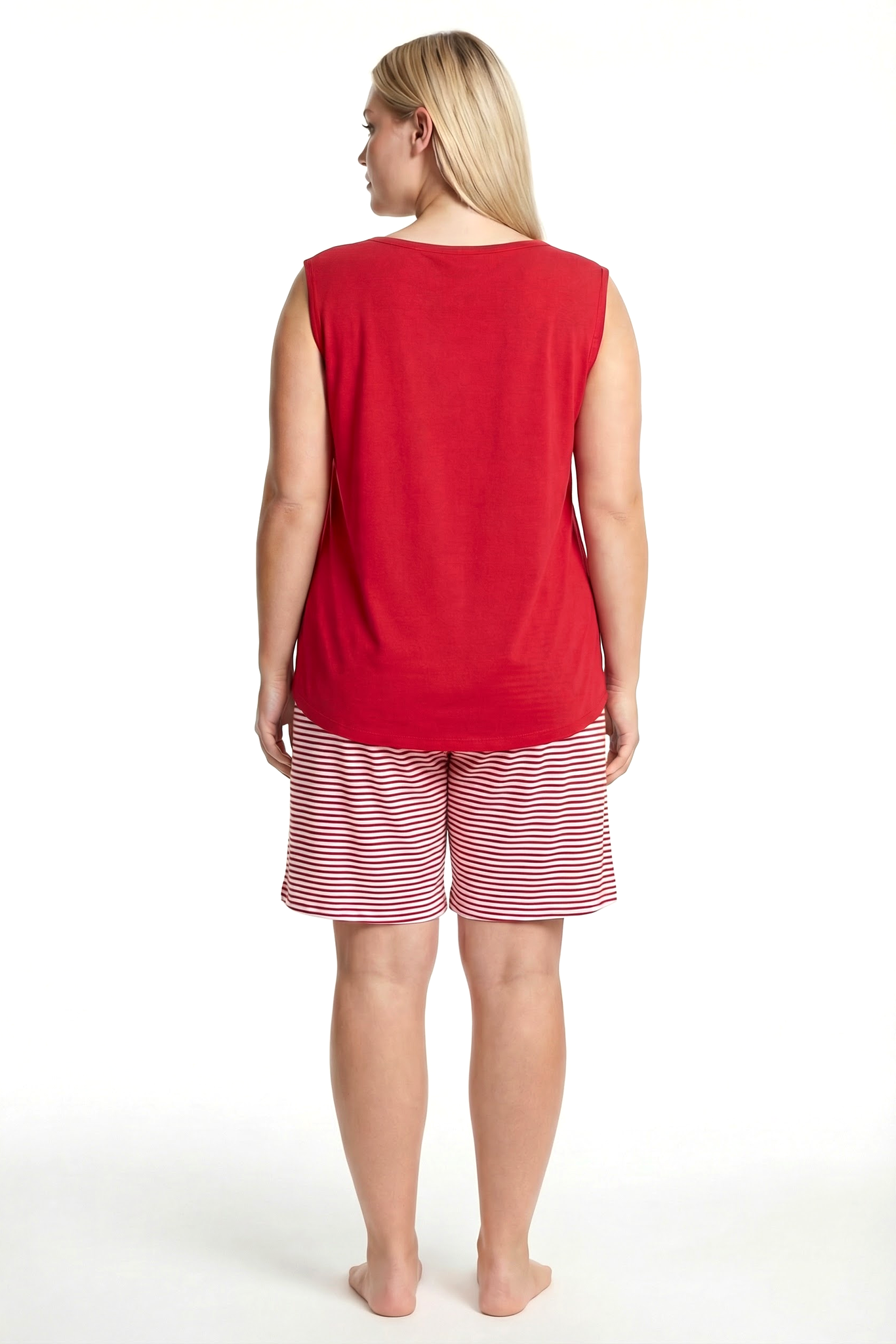 Akbeniz Kadın Büyük Beden Çizgili Cep Şortlu Pijama Takımı - Kırmızı