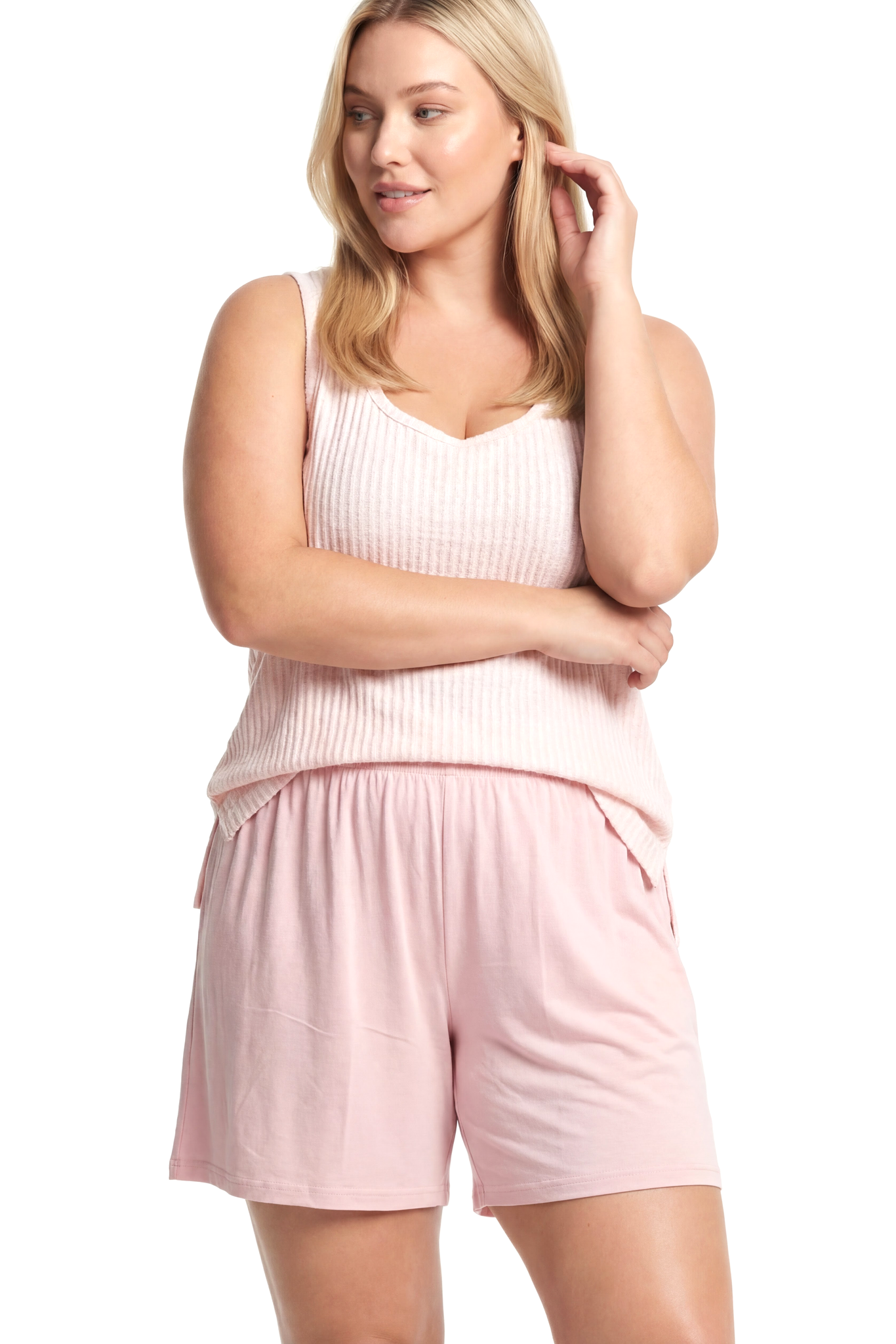 Akbeniz Kadın Büyük Beden Fitilli Şortlu Pijama Takımı – Pudra