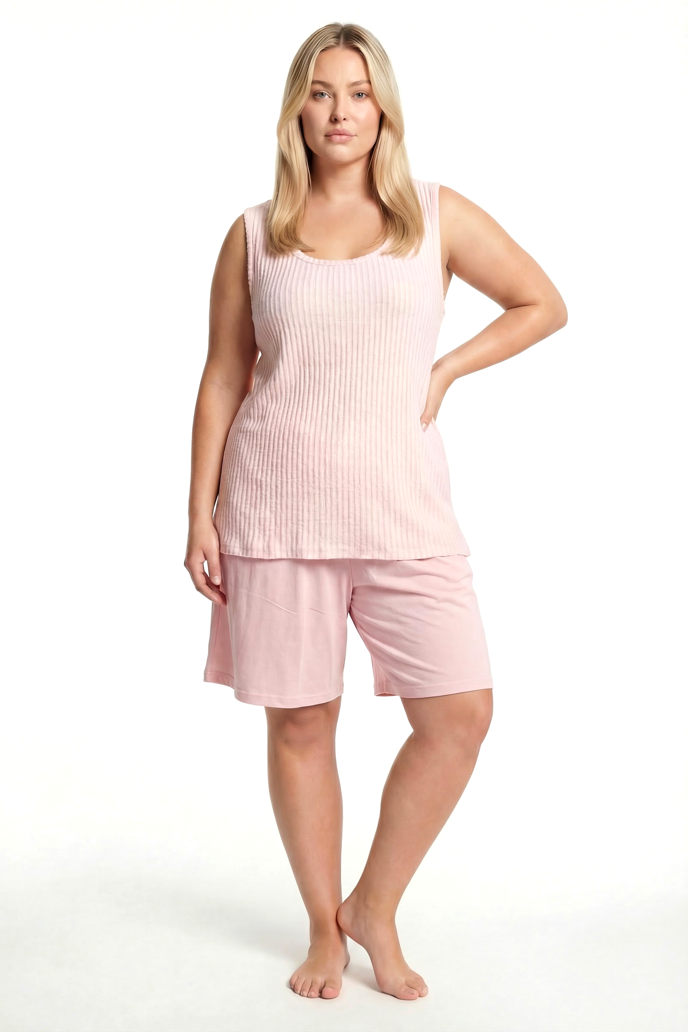 Akbeniz Kadın Büyük Beden Fitilli Şortlu Pijama Takımı – Pudra
