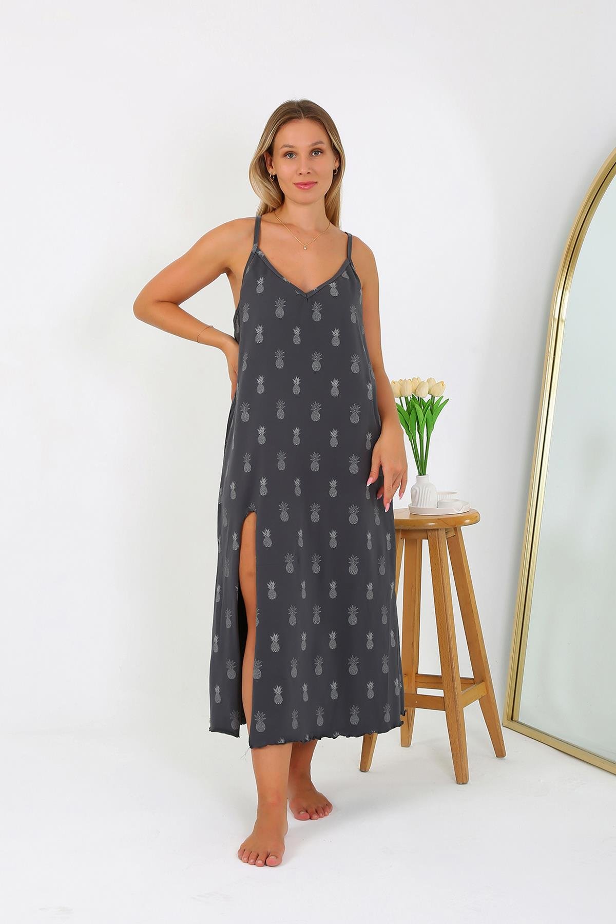 Akbeniz Kadın Büyük Beden İp Askılı Uzun Gecelik 12112