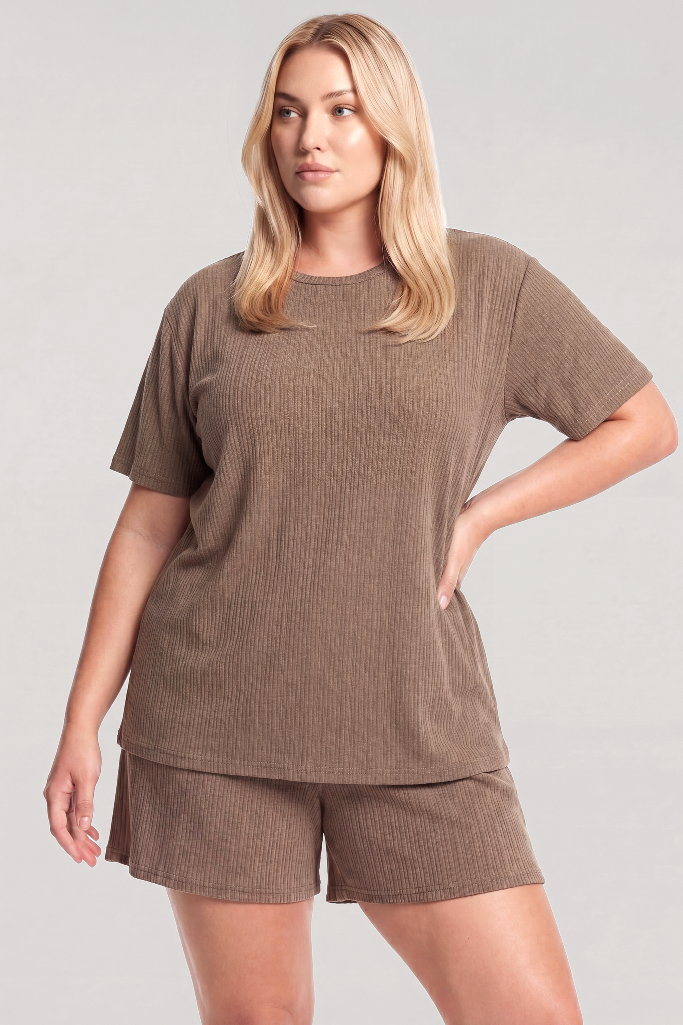 Akbeniz Kadın Büyük Beden Kahve Fitilli Dokulu Şortlu Pijama Takımı