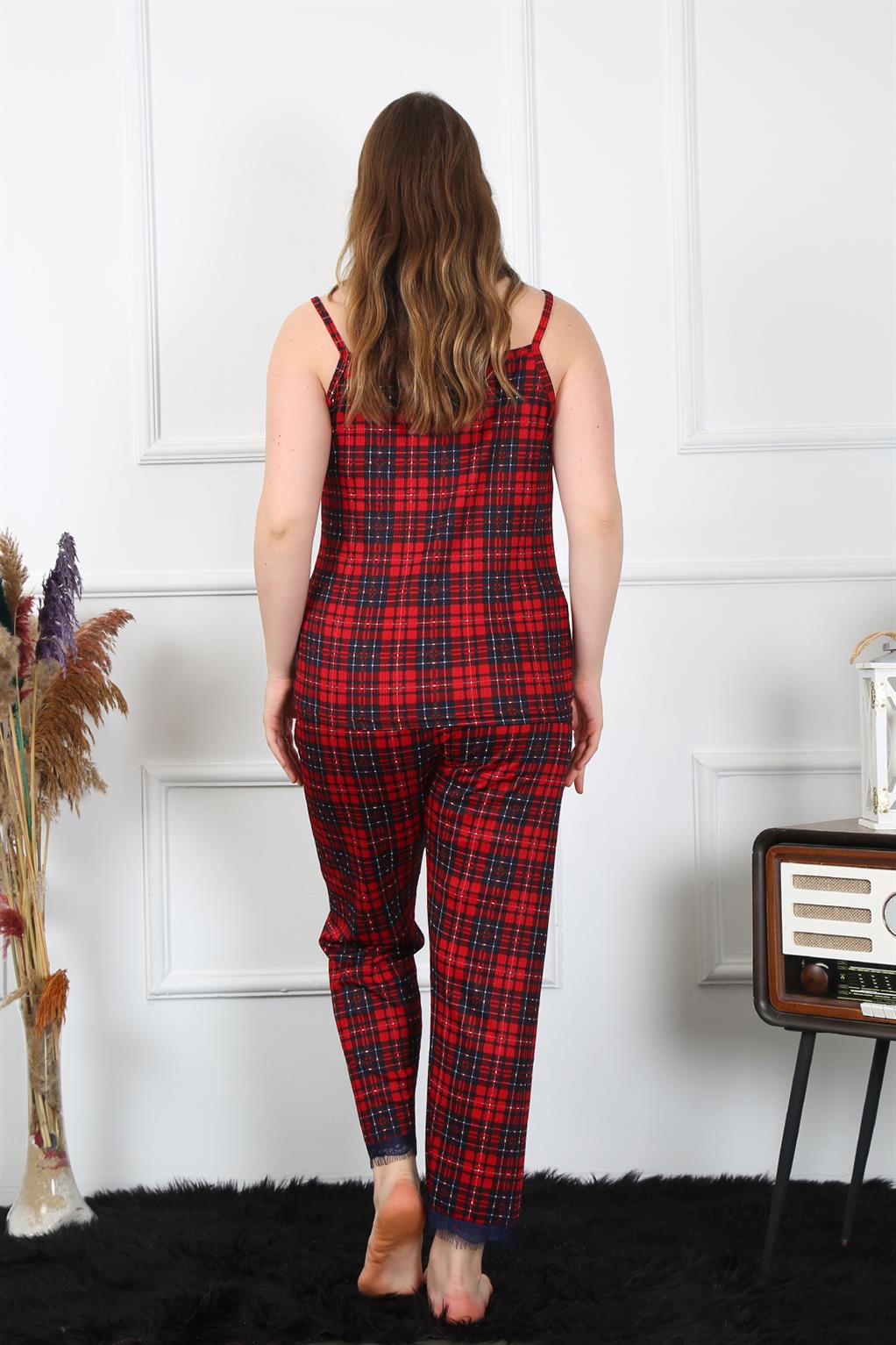 Akbeniz Kadın Büyük Beden Kırmızı Ekoseli İp Askılı Pijama Takım 202197