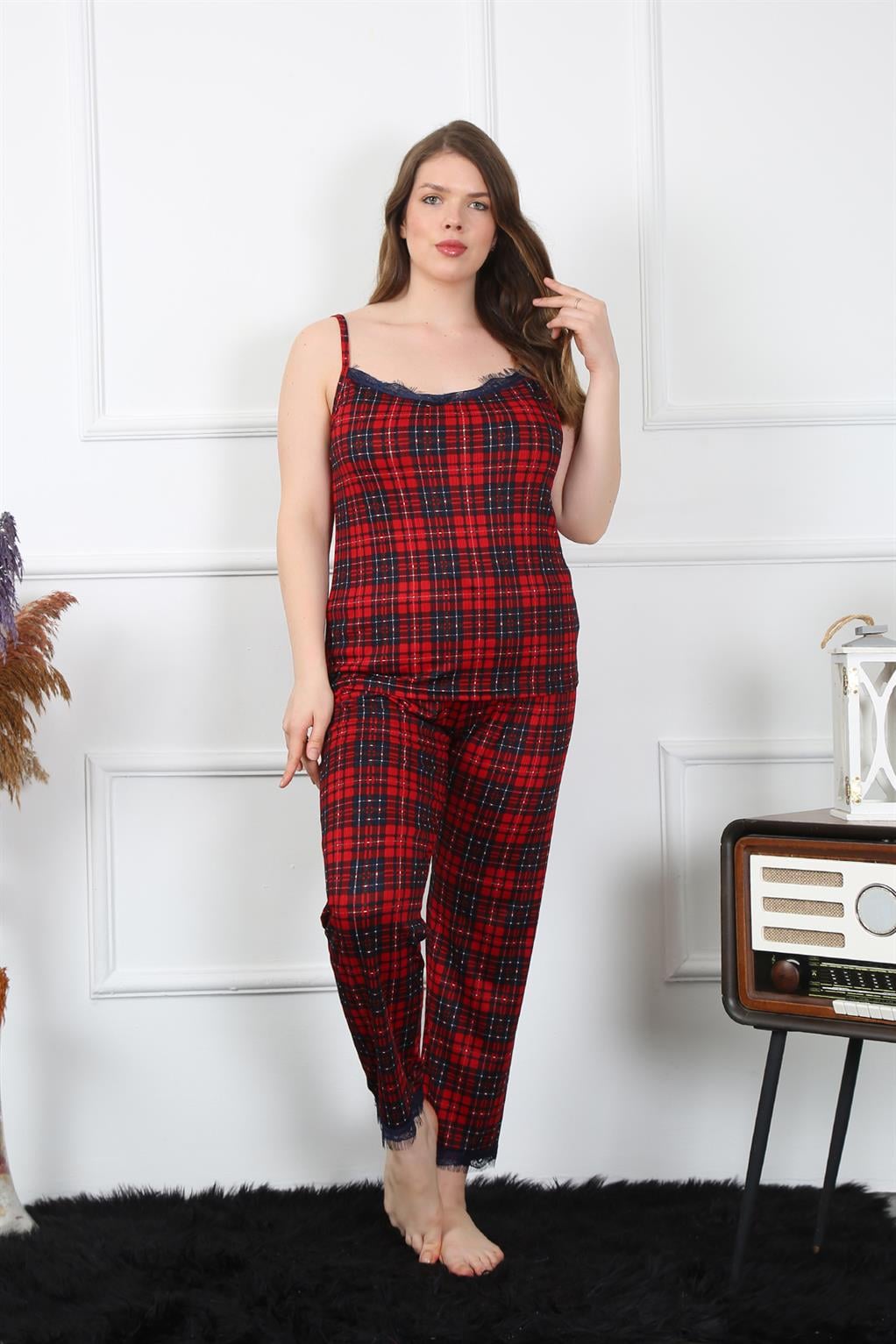 Akbeniz Kadın Büyük Beden Kırmızı Ekoseli İp Askılı Pijama Takım 202197