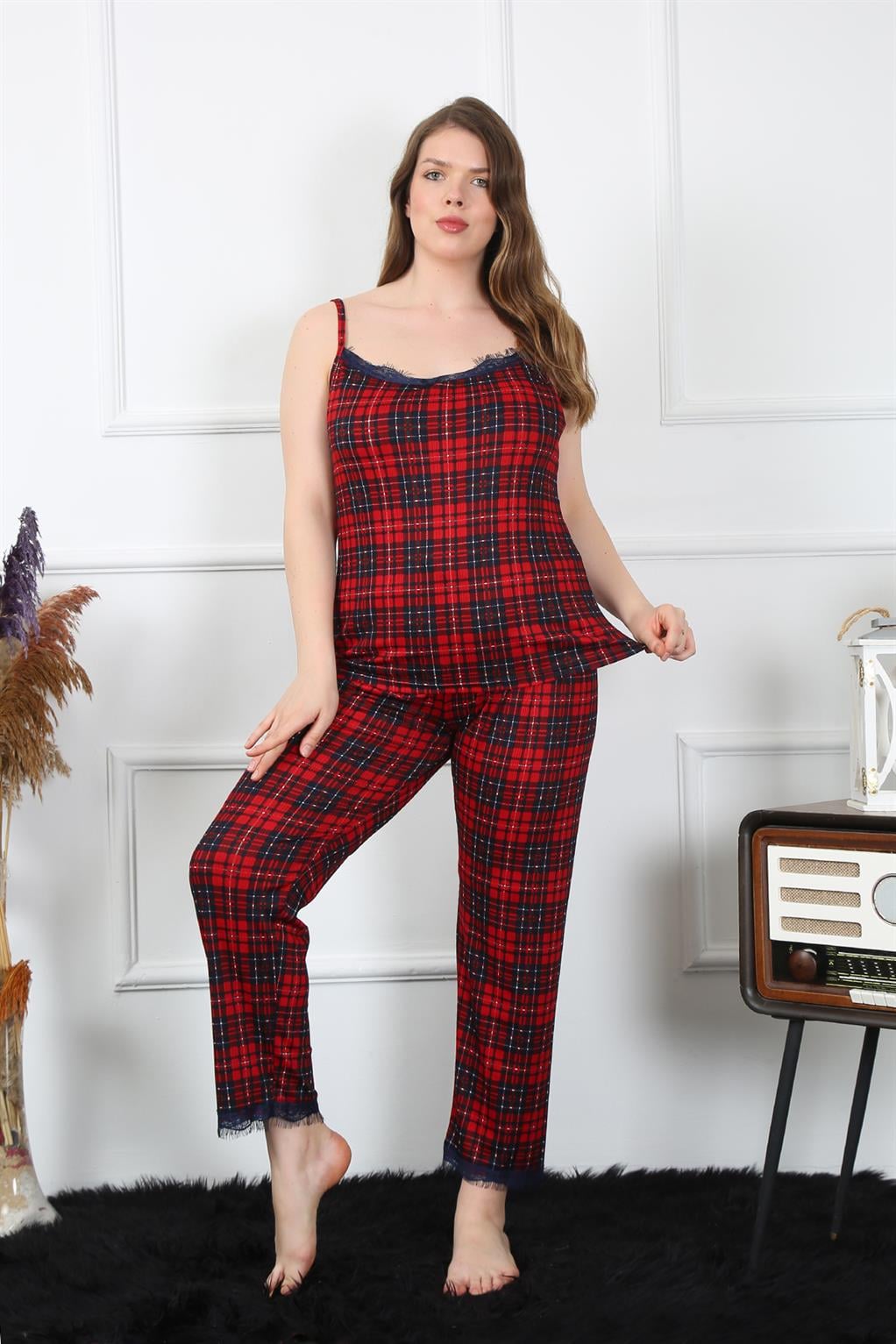 Akbeniz Kadın Büyük Beden Kırmızı Ekoseli İp Askılı Pijama Takım 202197