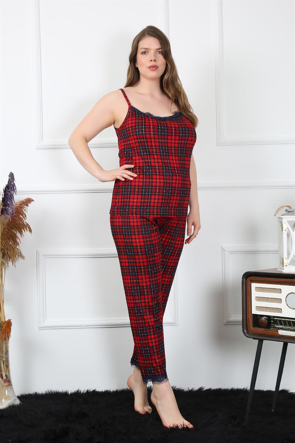 Akbeniz Kadın Büyük Beden Kırmızı Ekoseli İp Askılı Pijama Takım 202197