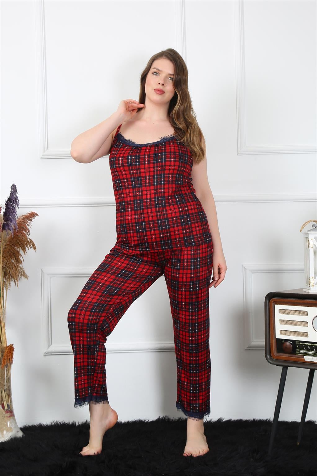 Akbeniz Kadın Büyük Beden Kırmızı Ekoseli İp Askılı Pijama Takım 202197