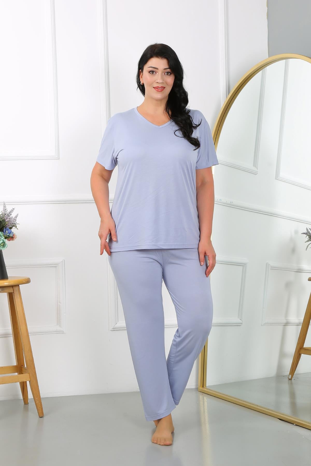 Akbeniz Kadın Büyük Beden  Kısa Kol Penye Pijama Takımı Lila 202405 