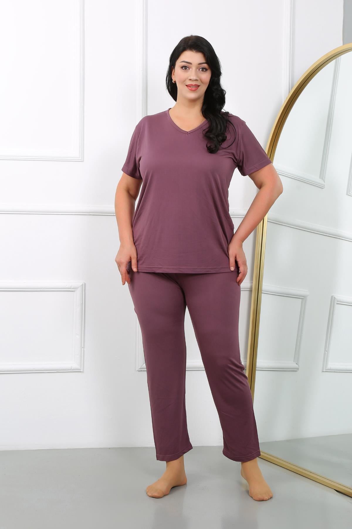 Akbeniz Kadın Büyük Beden  Kısa Kol Penye Pijama Takımı Mürdüm 202405 