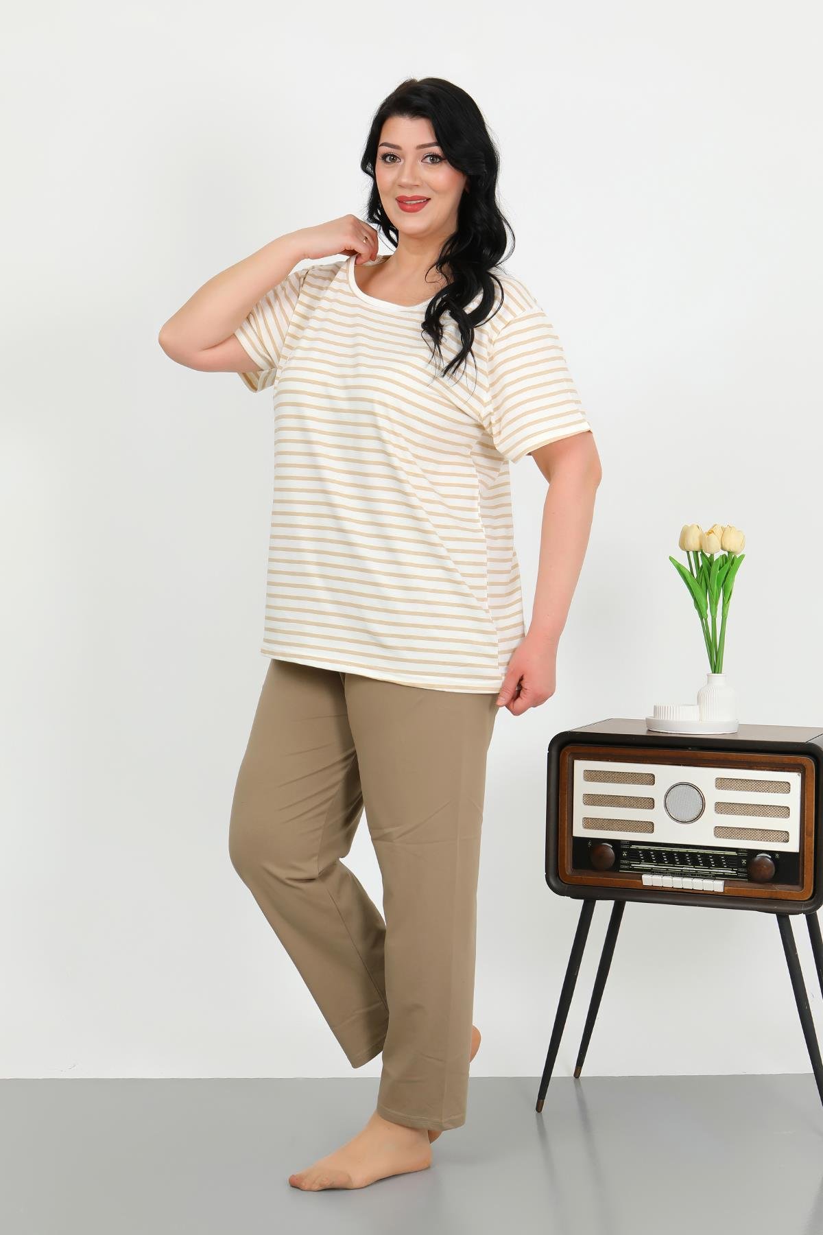 Akbeniz Kadın Büyük Beden Kısa Kol Penye Pijama Takımı Sütlü Kahve 202505