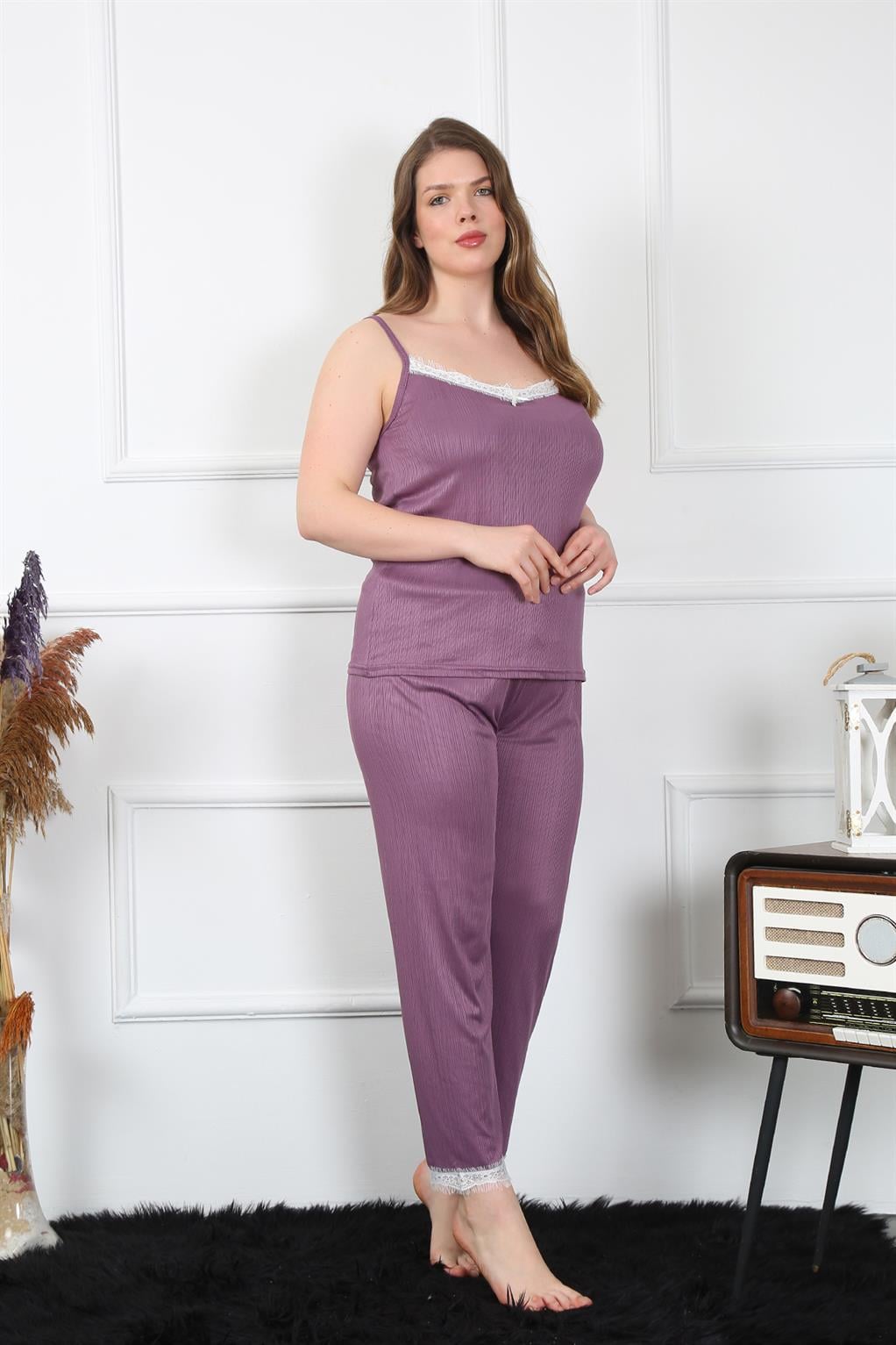 Akbeniz Kadın Büyük Beden Mürdüm İp Askılı Pijama Takım 202195