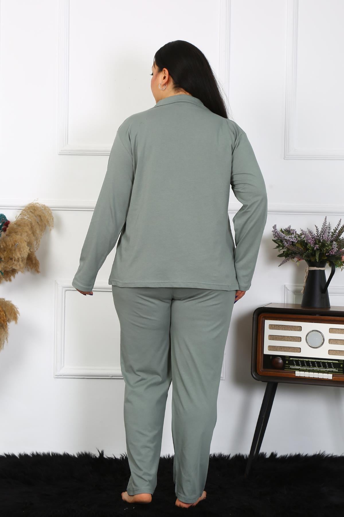 Akbeniz Kadın Büyük Beden Pamuklu Cepli Düğmeli Haki Pijama Takım 202401