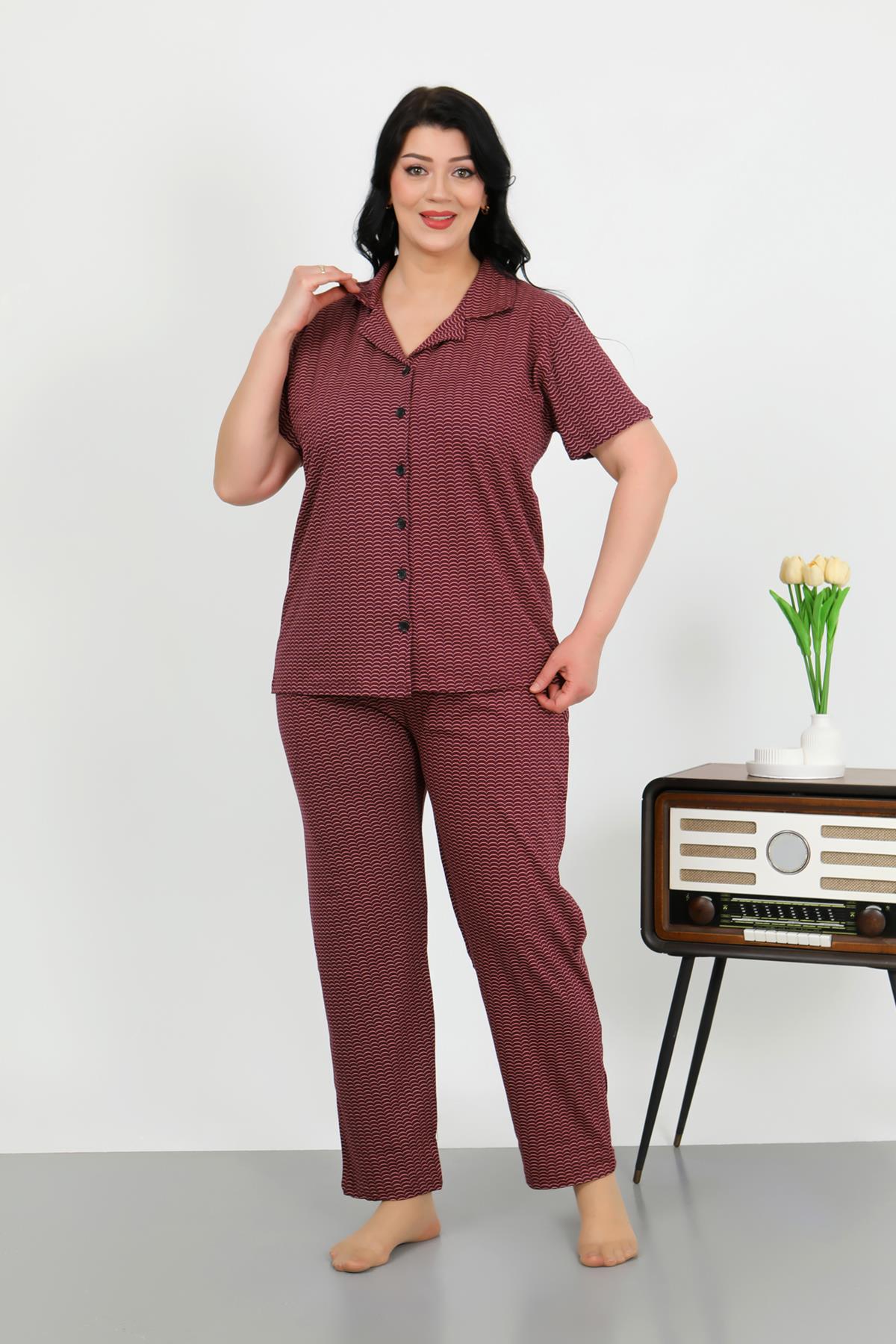 Akbeniz Kadın Büyük Beden Pamuklu Cepli Düğmeli Mor Pijama Takım 202507