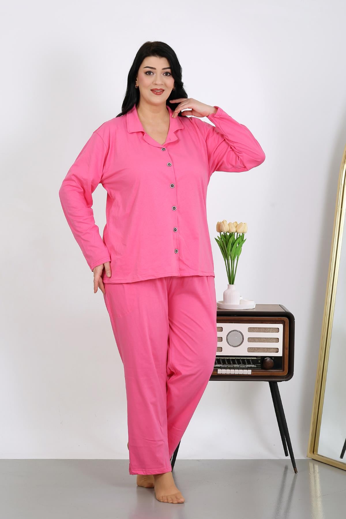 Akbeniz Kadın Büyük Beden Pamuklu Cepli Düğmeli Pembe Pijama Takım 202504