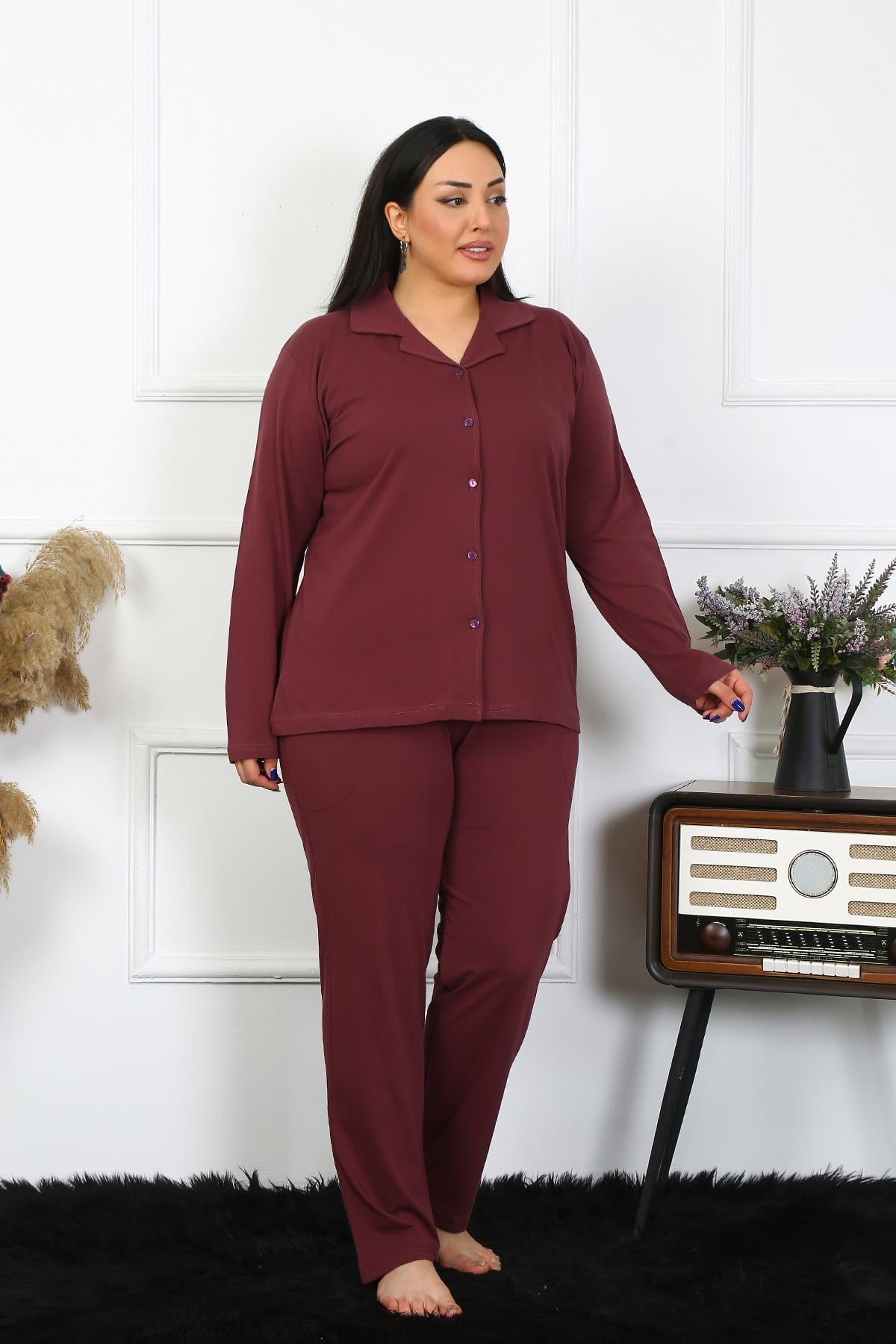 Akbeniz Kadın Büyük Beden Pamuklu Cepli Düğmeli Mürdüm Pijama Takım 202401