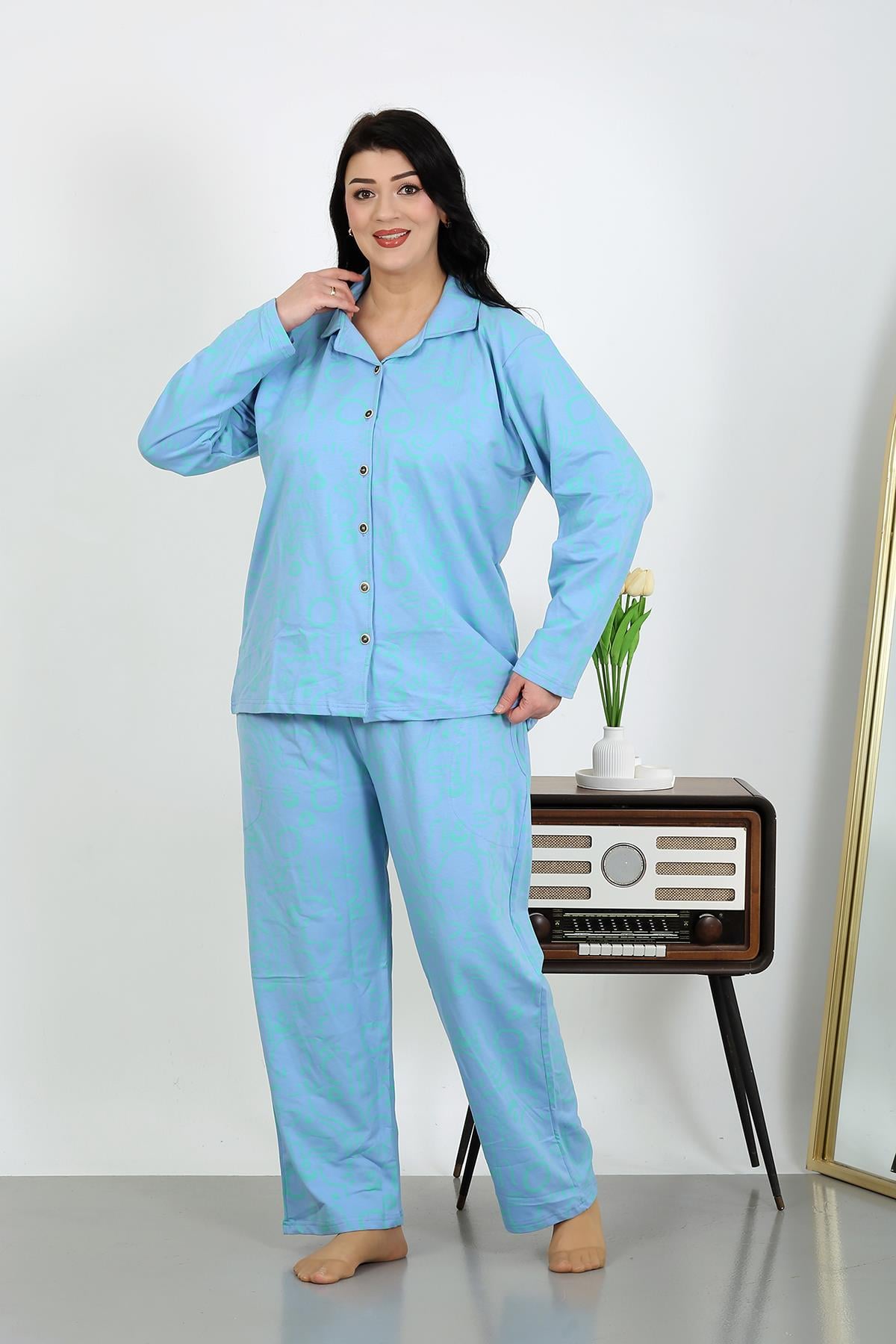Akbeniz Kadın Büyük Beden Pamuklu Cepli Düğmeli Mavi Pijama Takım 202504