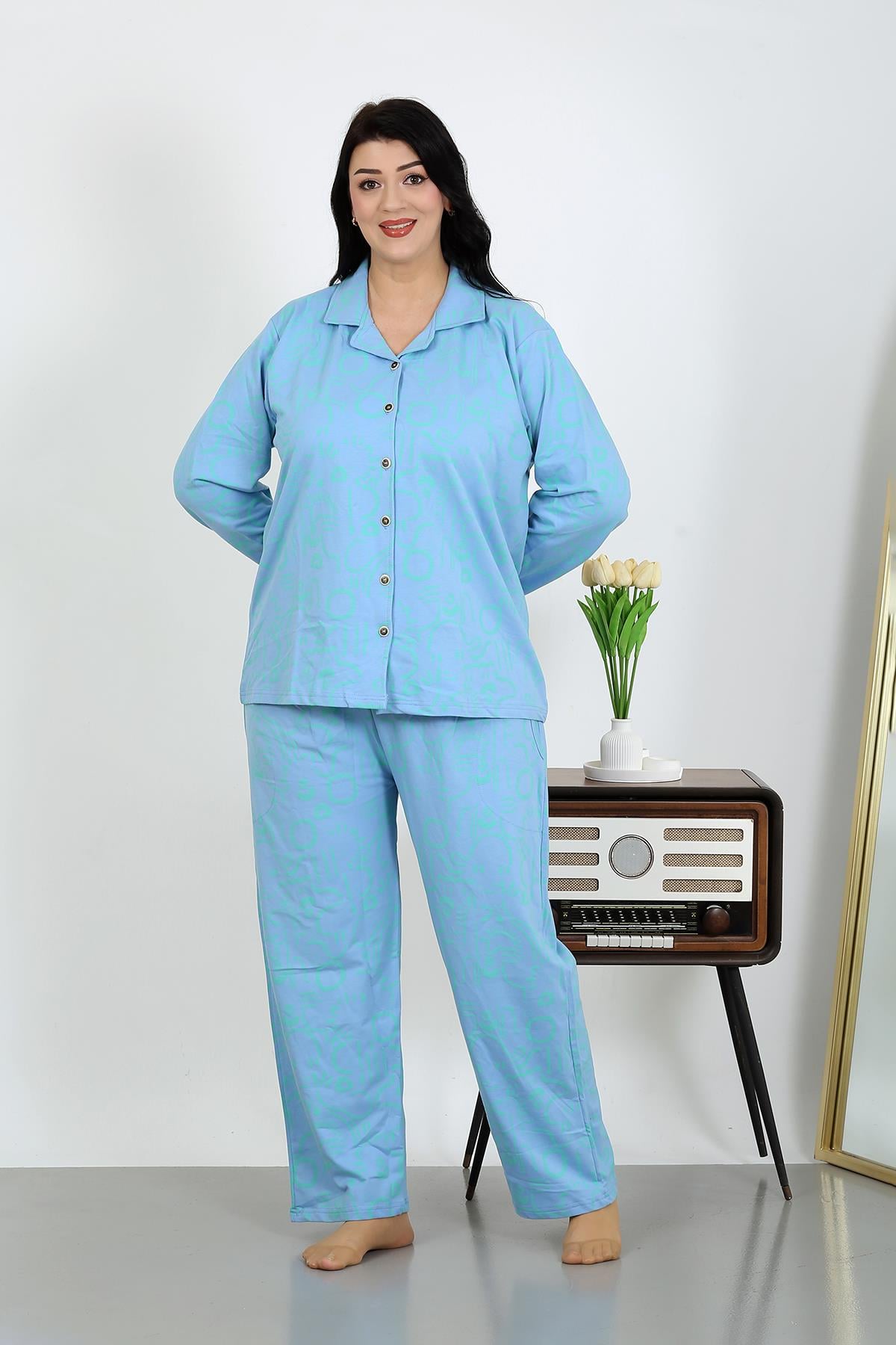 Akbeniz Kadın Büyük Beden Pamuklu Cepli Düğmeli Mavi Pijama Takım 202504