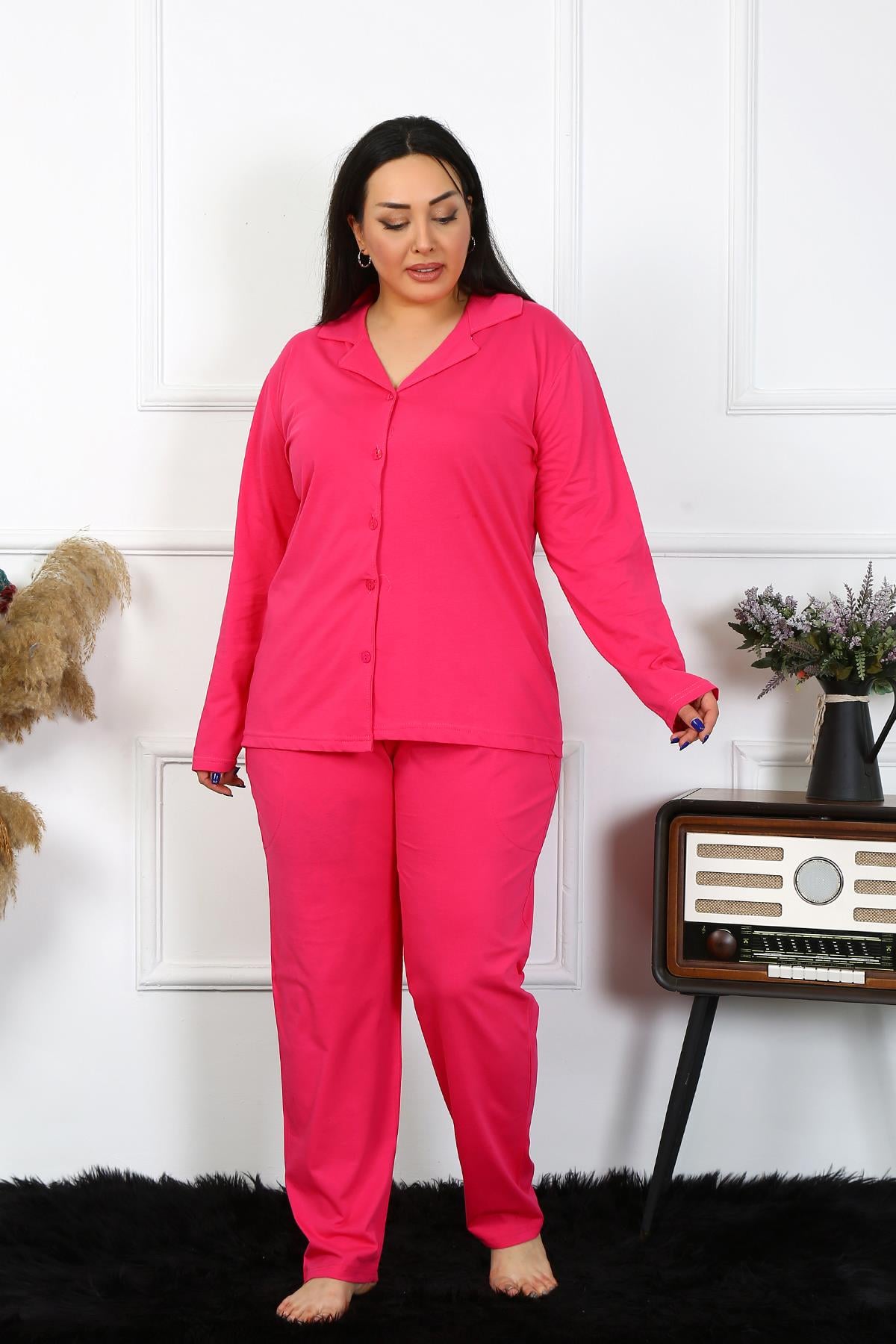 Akbeniz Kadın Büyük Beden Pamuklu Cepli Düğmeli Fuşya Pijama Takım 202401