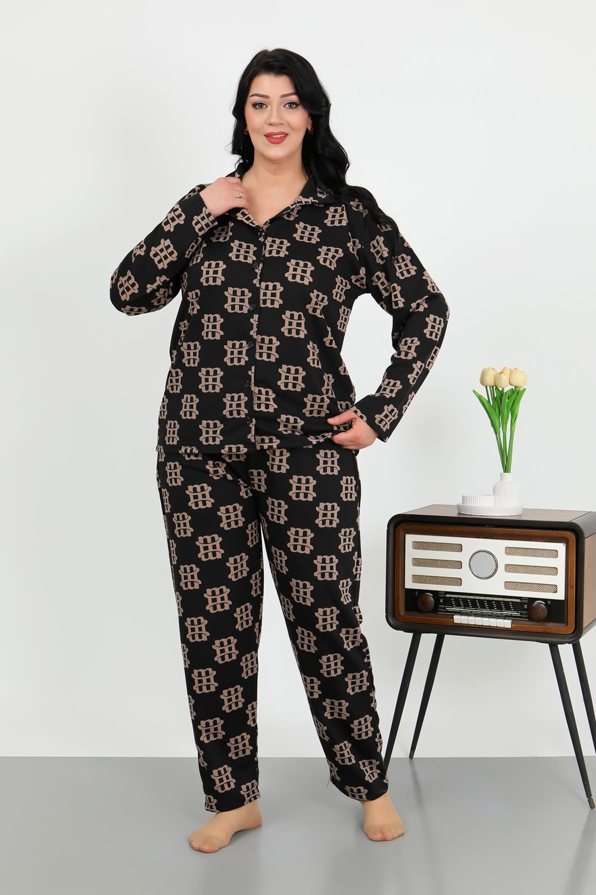 Akbeniz Kadın Büyük Beden Pamuklu Cepli Düğmeli Siyah Pijama Takım 202506