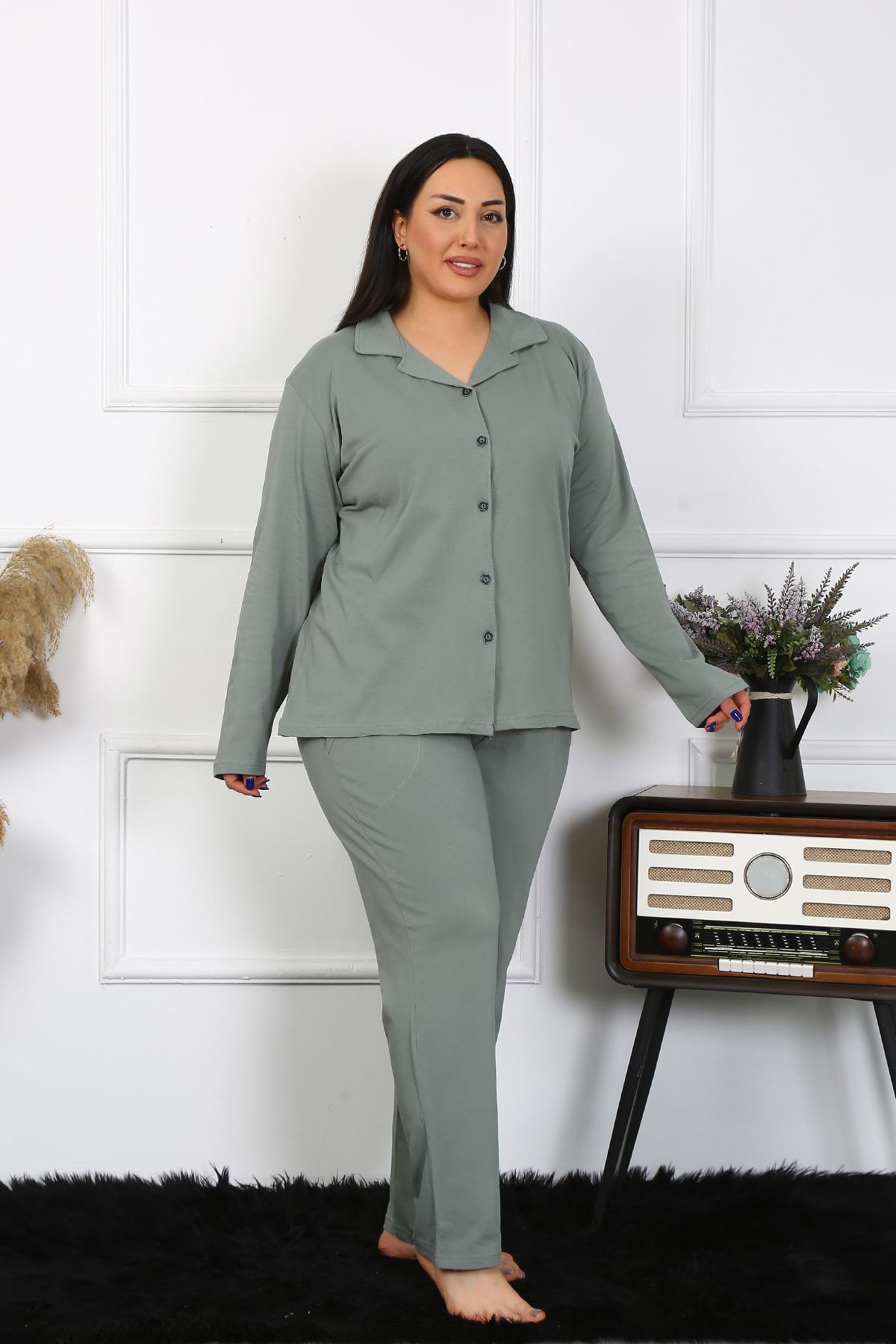Akbeniz Kadın Büyük Beden Pamuklu Cepli Düğmeli Haki Pijama Takım 202401