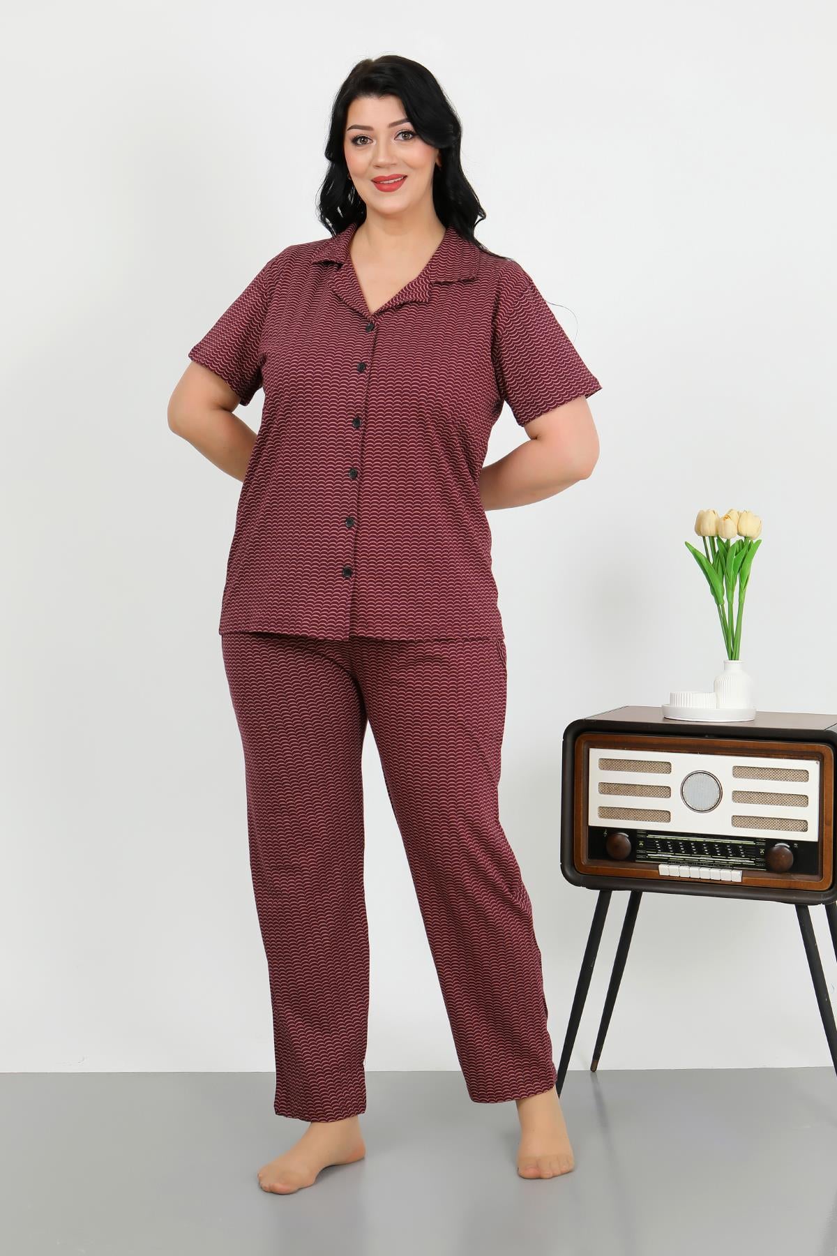 Akbeniz Kadın Büyük Beden Pamuklu Cepli Düğmeli Mor Pijama Takım 202507