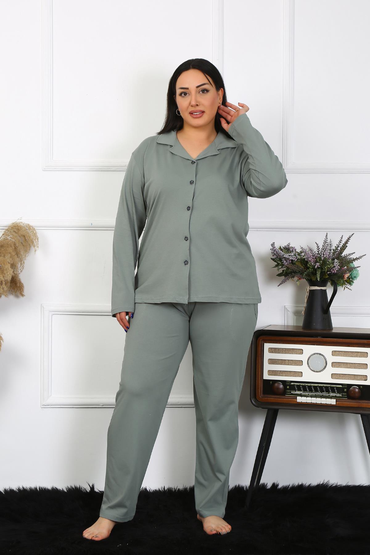 Akbeniz Kadın Büyük Beden Pamuklu Cepli Düğmeli Haki Pijama Takım 202401
