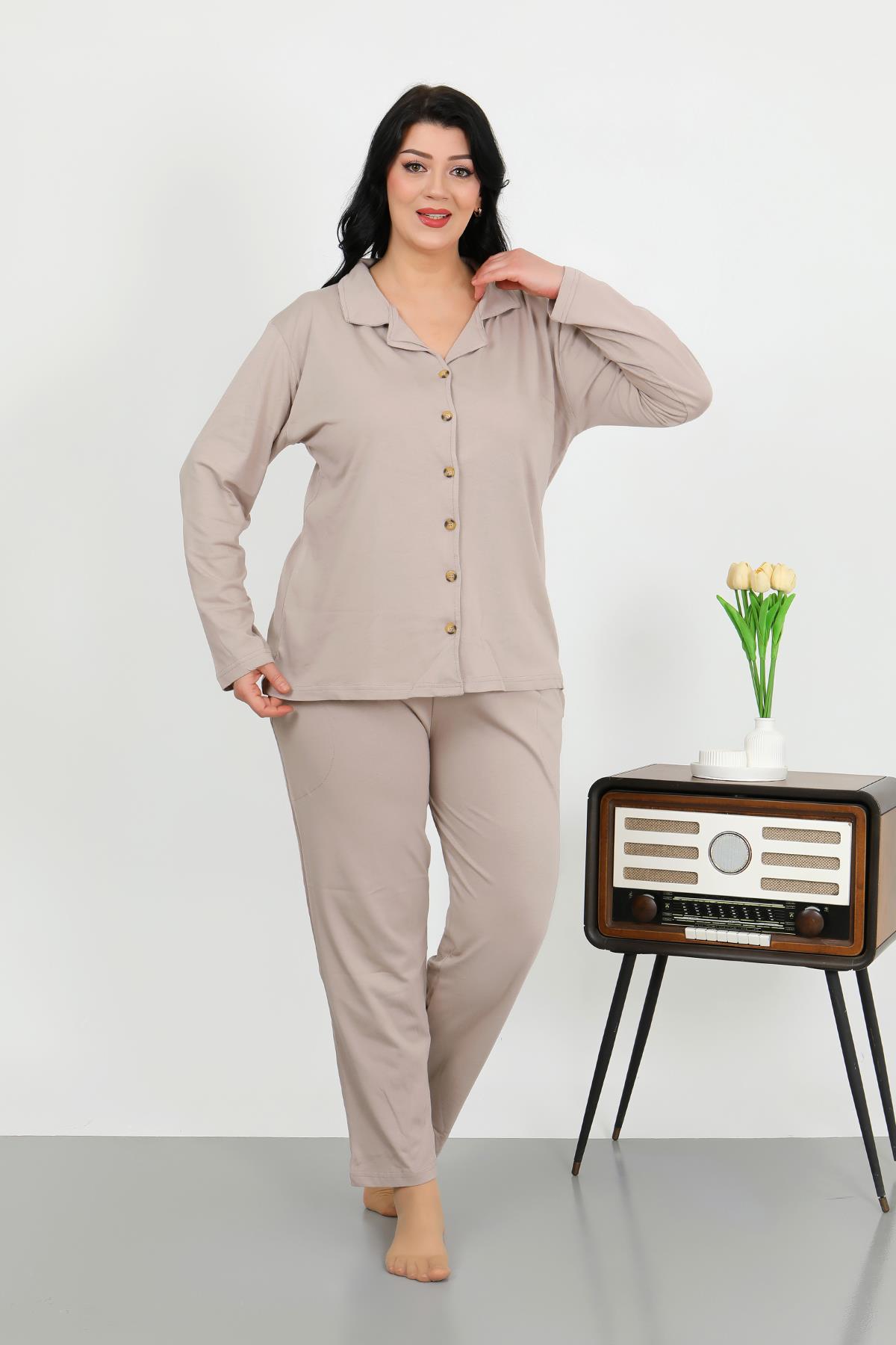 Akbeniz Kadın Büyük Beden Pamuklu Cepli Düğmeli Krem Pijama Takım 202506