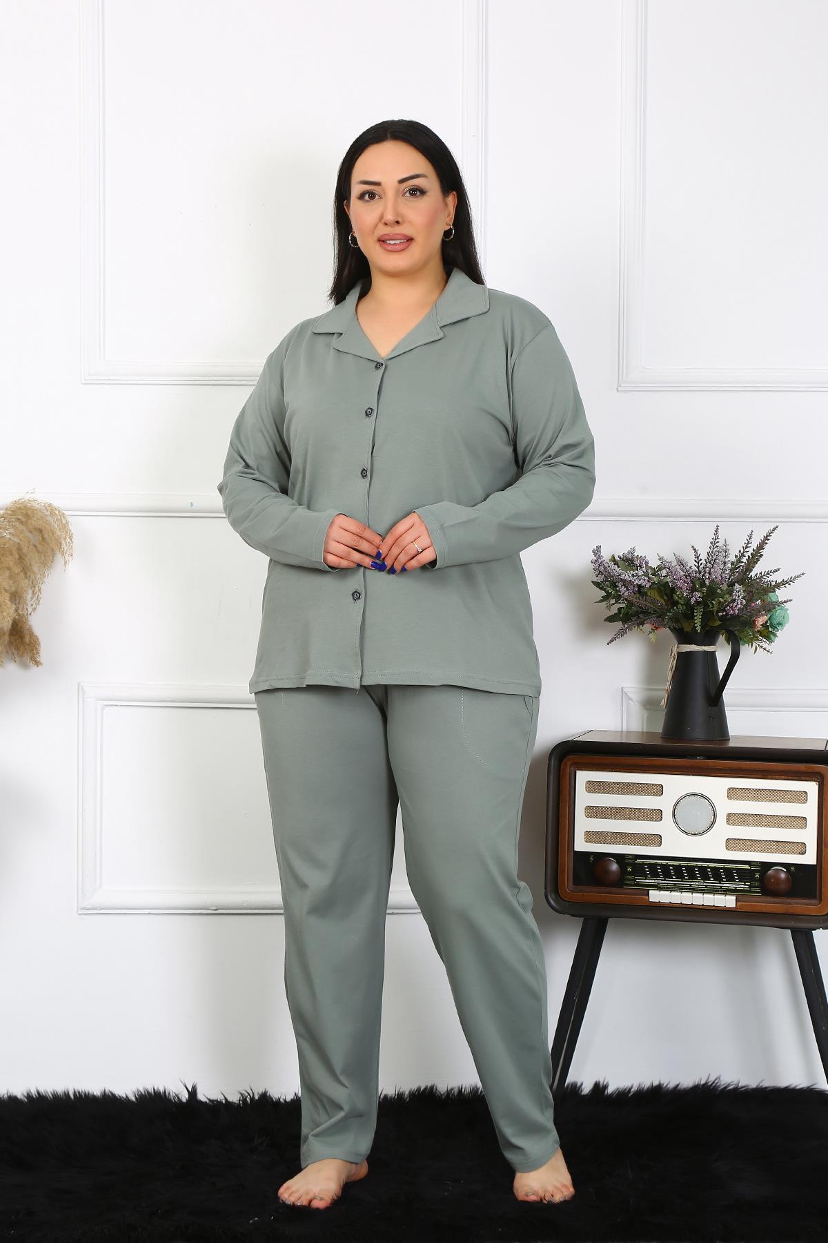 Akbeniz Kadın Büyük Beden Pamuklu Cepli Düğmeli Haki Pijama Takım 202401