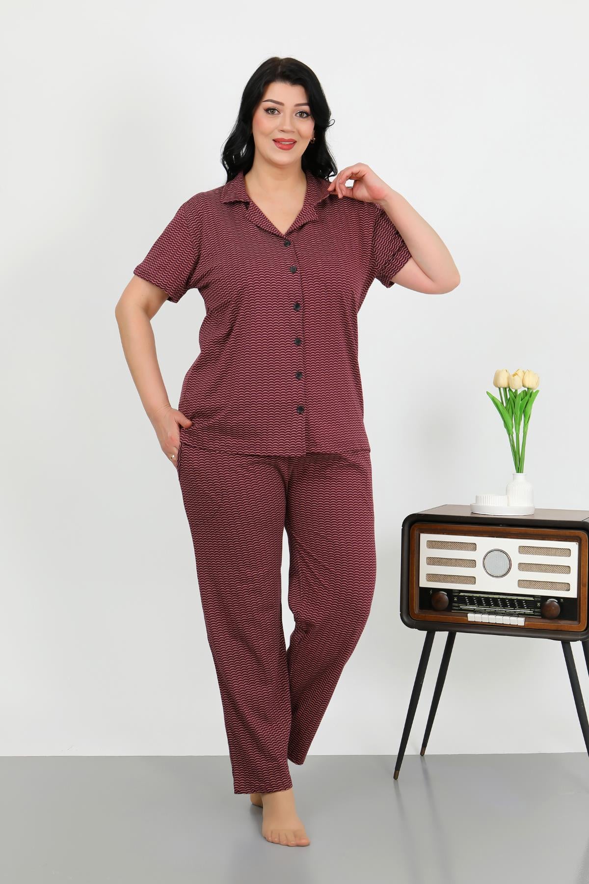 Akbeniz Kadın Büyük Beden Pamuklu Cepli Düğmeli Mor Pijama Takım 202507