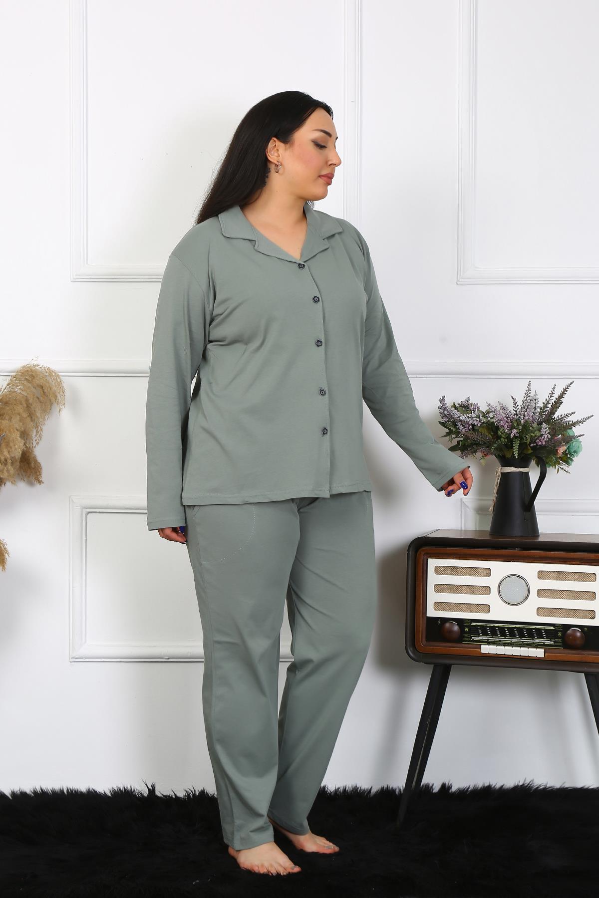 Akbeniz Kadın Büyük Beden Pamuklu Cepli Düğmeli Haki Pijama Takım 202401
