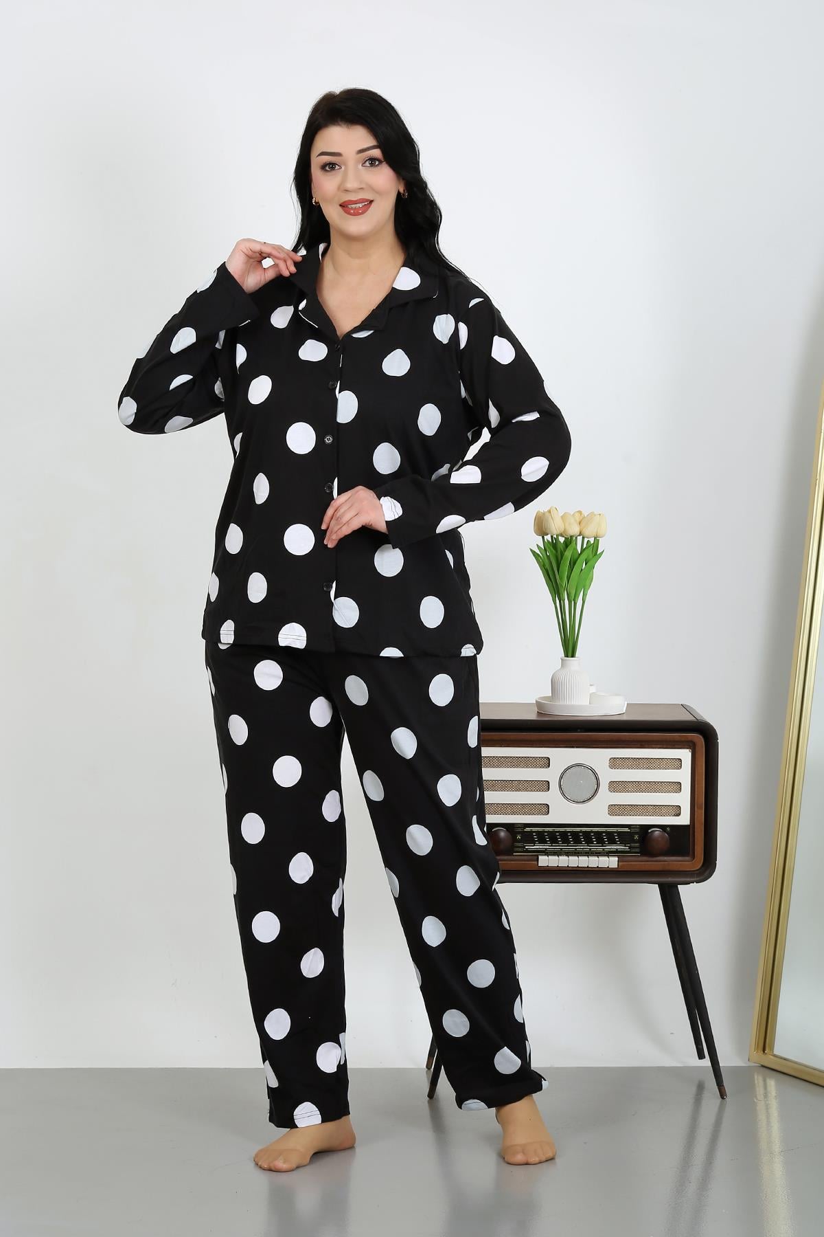 Akbeniz Kadın Büyük Beden Pamuklu Cepli Düğmeli Siyah Pijama Takım 202504