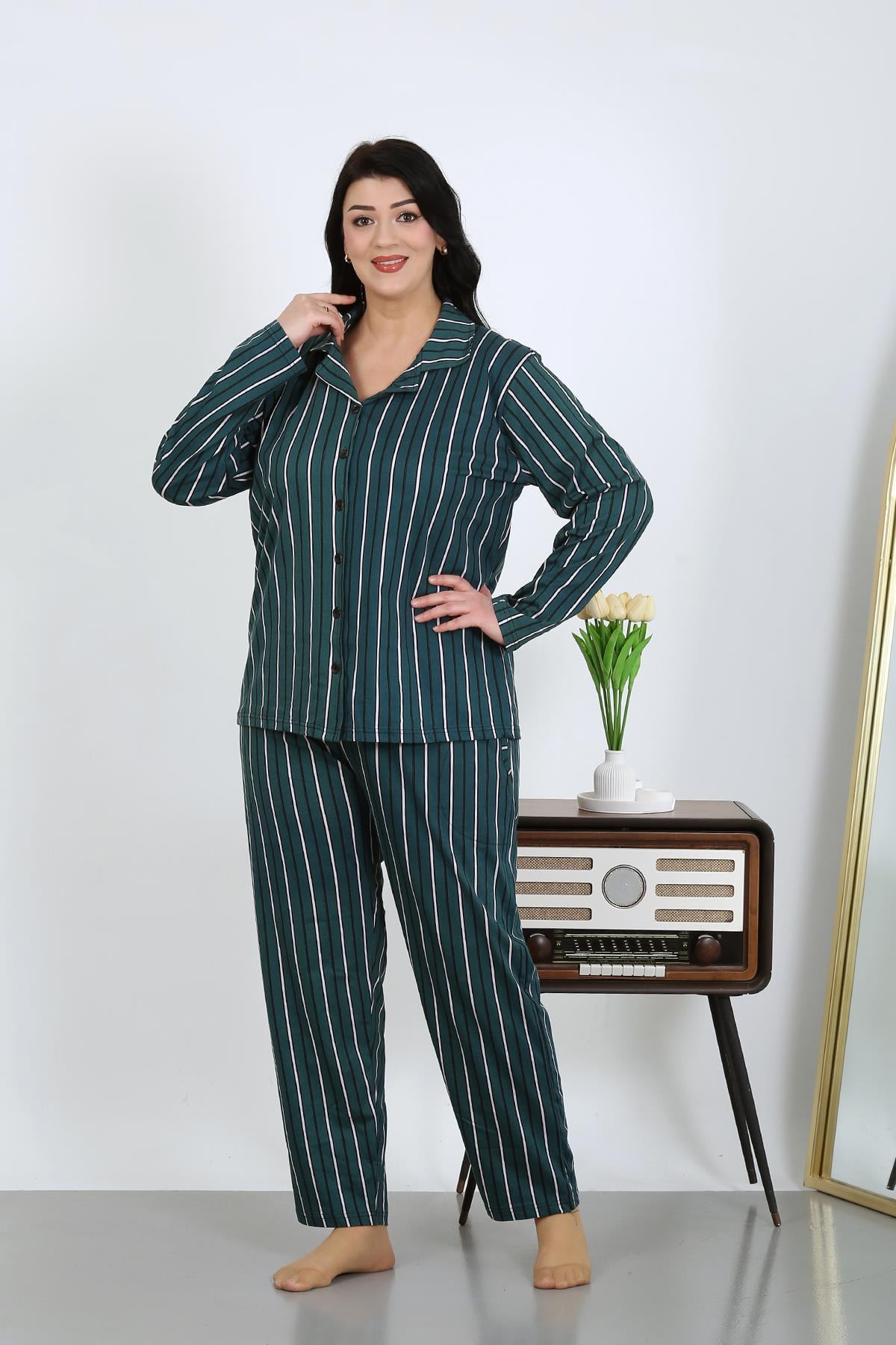 Akbeniz Kadın Büyük Beden Pamuklu Cepli Düğmeli Petrol Pijama Takım 202504