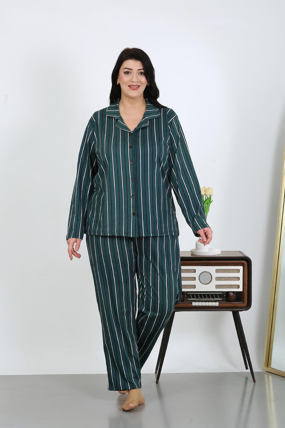 Akbeniz Kadın Büyük Beden Pamuklu Cepli Düğmeli Petrol Pijama Takım 202504