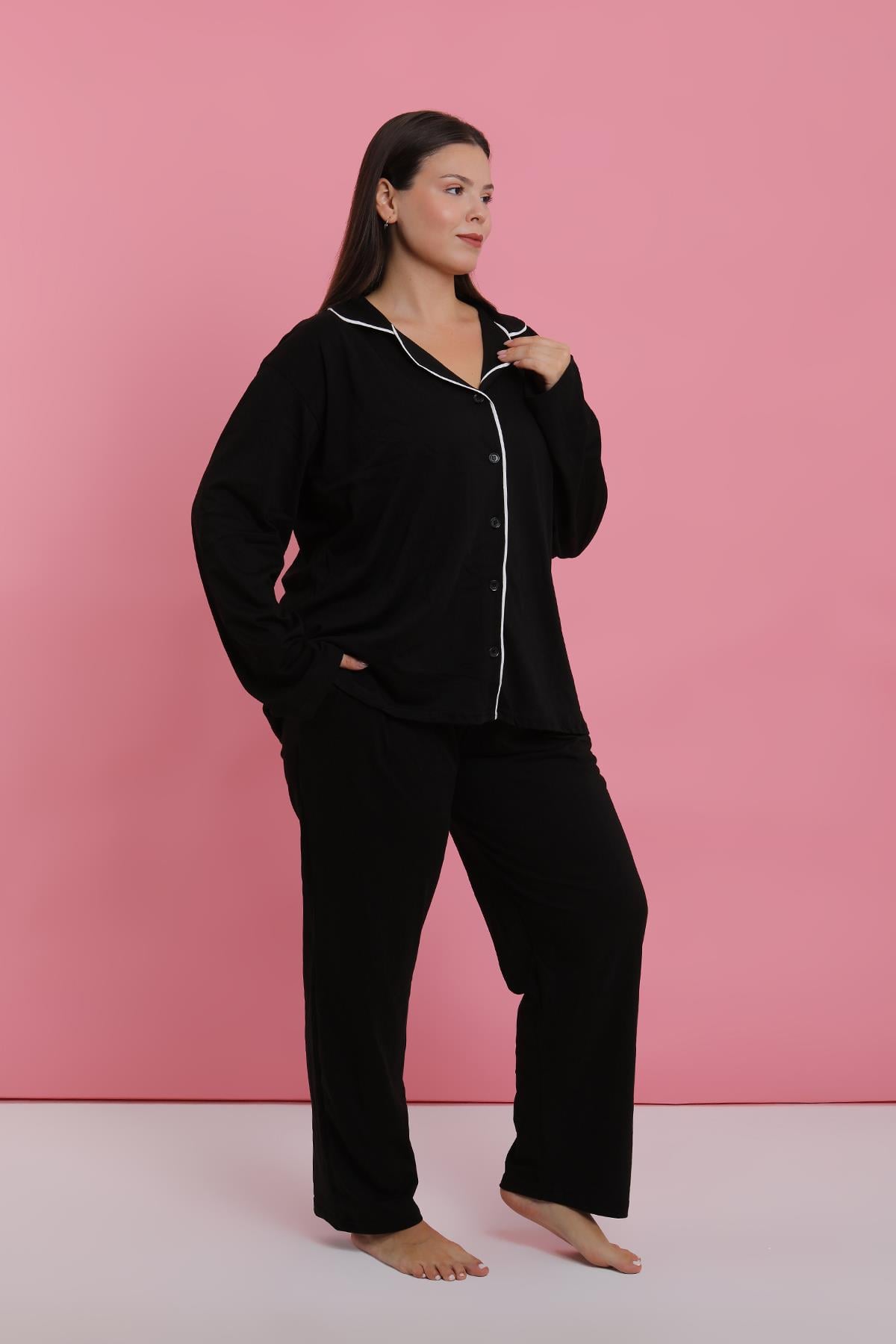 Akbeniz Kadın Büyük Beden Siyah Düğmeli Pijama Takımı