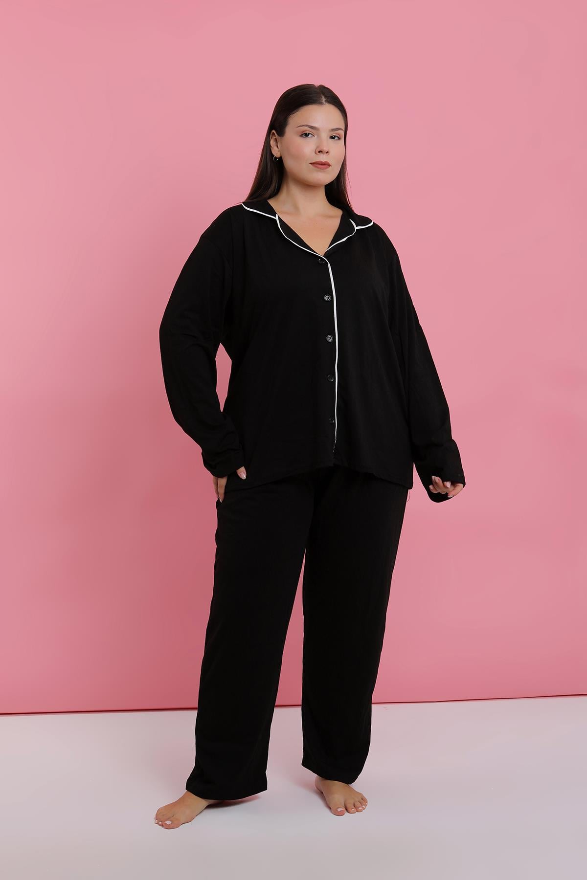 Akbeniz Kadın Büyük Beden Siyah Düğmeli Pijama Takımı