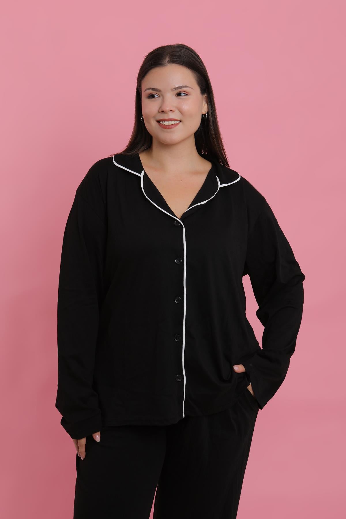 Akbeniz Kadın Büyük Beden Siyah Düğmeli Pijama Takımı