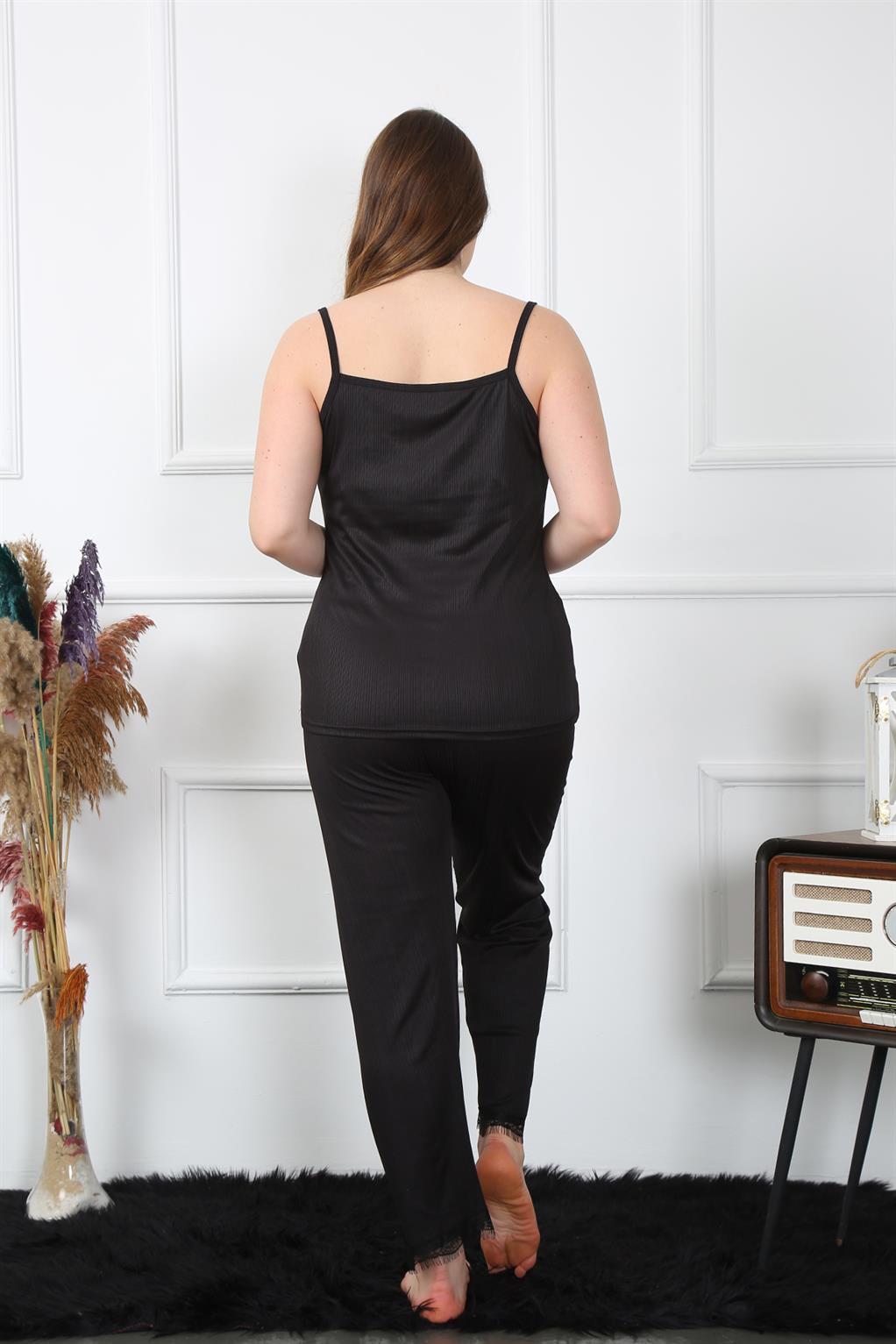 Akbeniz Kadın Büyük Beden Siyah İp Askılı Pijama Takım 202195