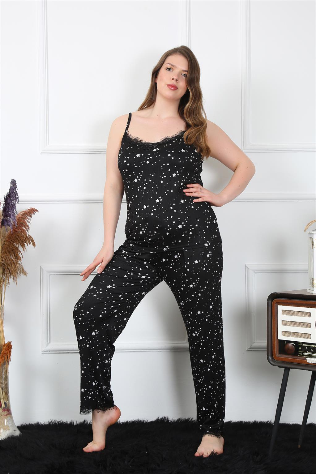 Akbeniz Kadın Büyük Beden Siyah İp Askılı Pijama Takım 202198
