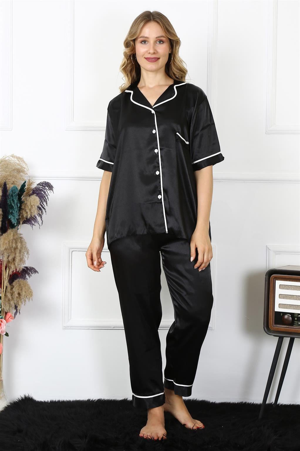 Akbeniz Kadın Büyük Beden Siyah Saten Pijama Takımı 10303