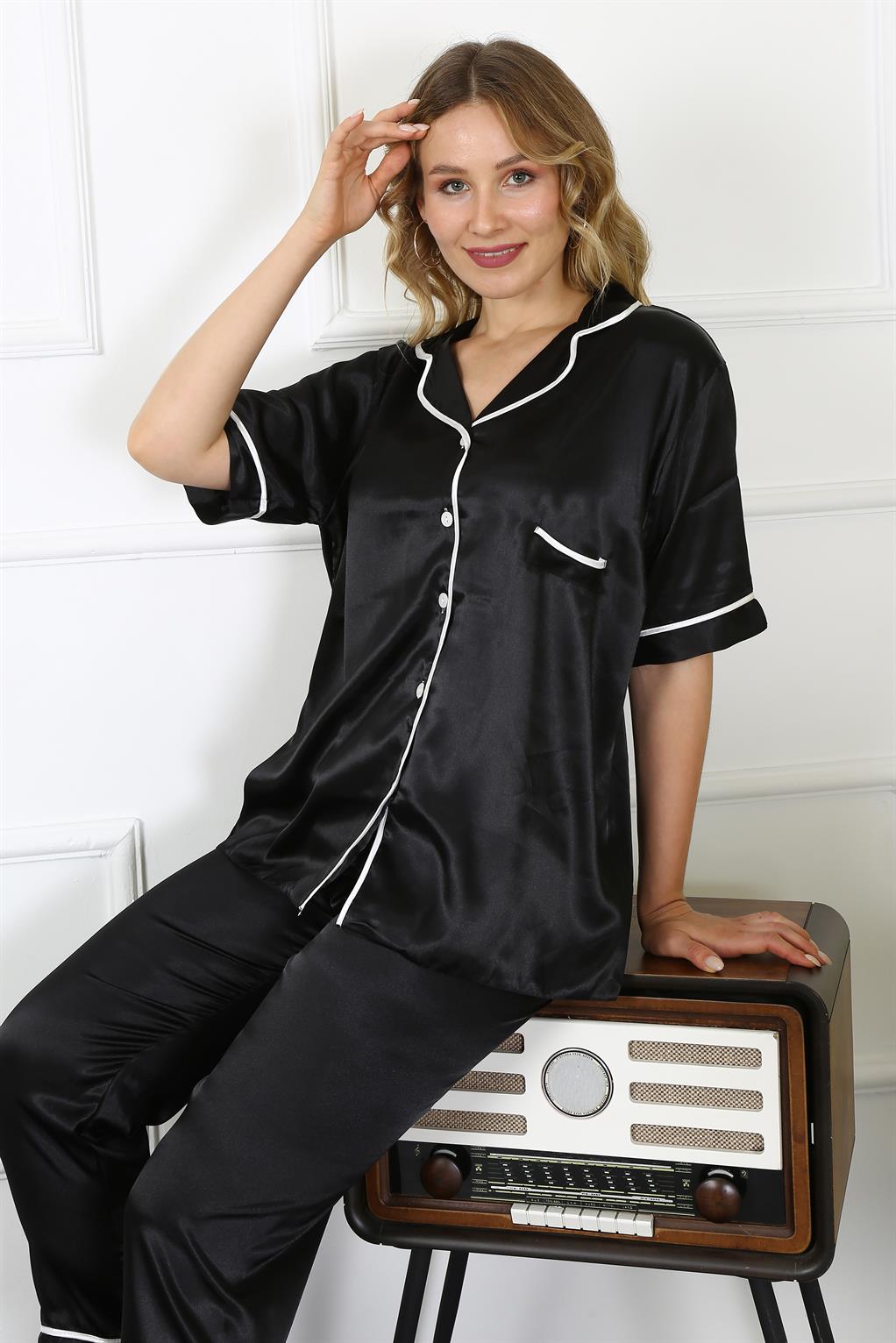 Akbeniz Kadın Büyük Beden Siyah Saten Pijama Takımı 10303