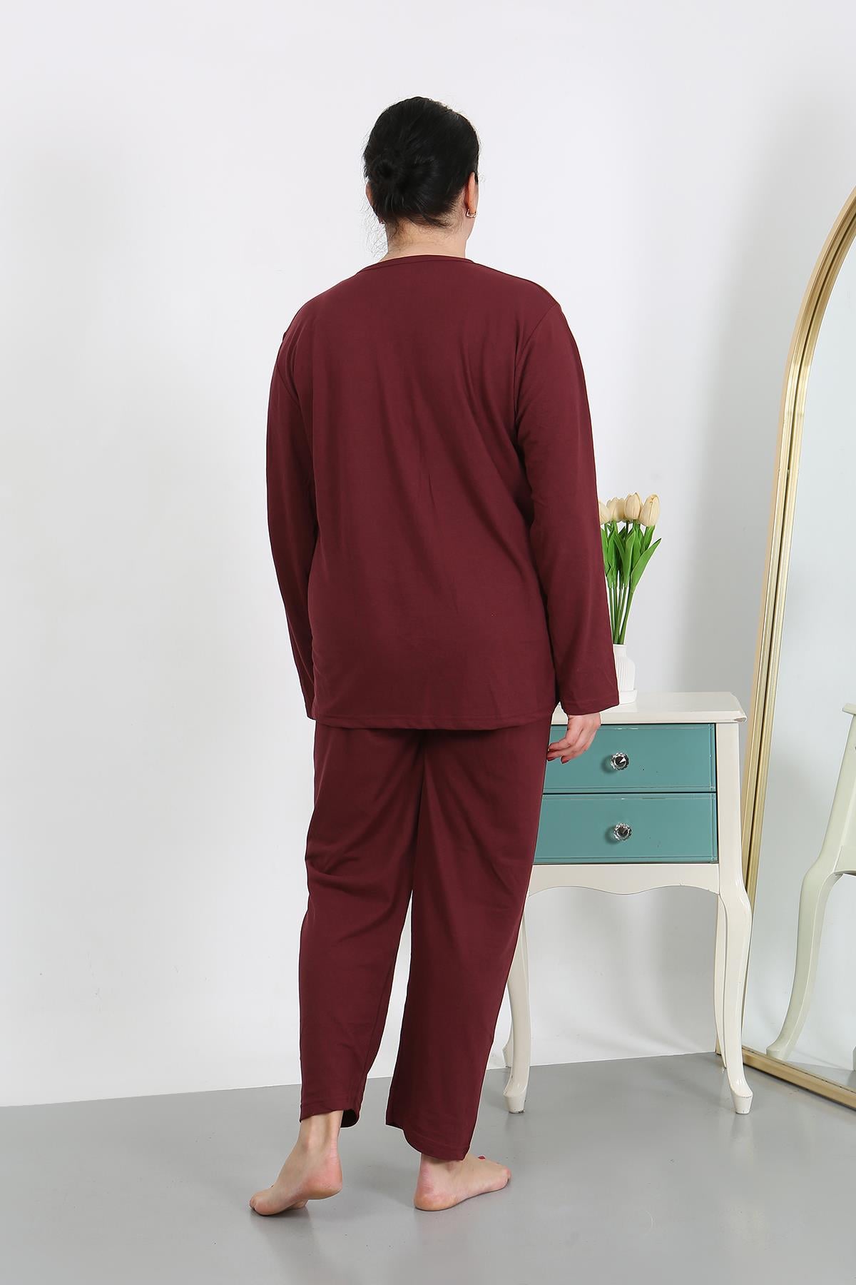 Akbeniz Kadın Büyük Beden Uzun Kol Penye Pijama Takımı Bordo 202501