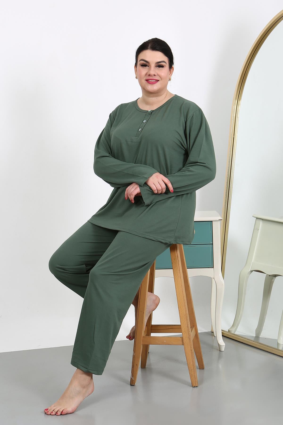 Akbeniz Kadın Büyük Beden Uzun Kol Penye Pijama Takımı Haki 202501