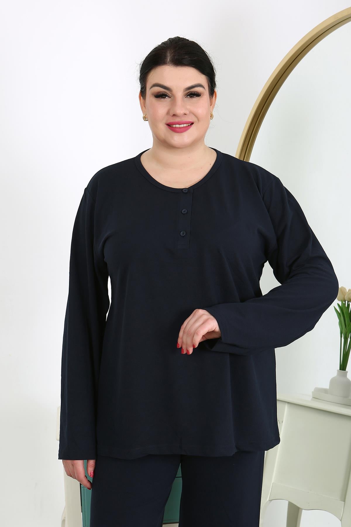Akbeniz Kadın Büyük Beden Uzun Kol Penye Pijama Takımı Lacivert 202501